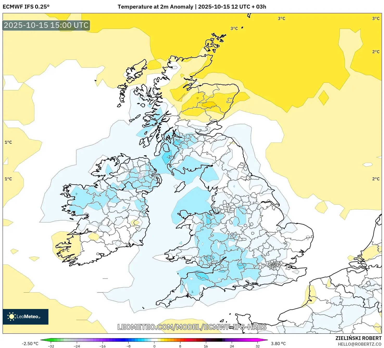 ECMWF IFS 0.25° model - United Kingdom, Temperature at 2m Anomaly ECMWF IFS 0.25° model - United Kingdom, Temperature at 2m Anomaly
