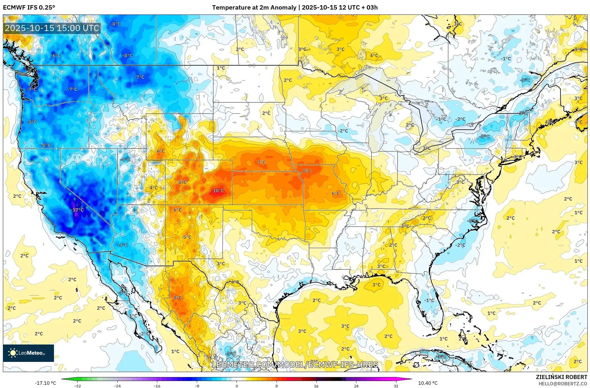 ECMWF IFS 0.25° model - United States, Temperature at 2m Anomaly ECMWF IFS 0.25° model - United States, Temperature at 2m Anomaly