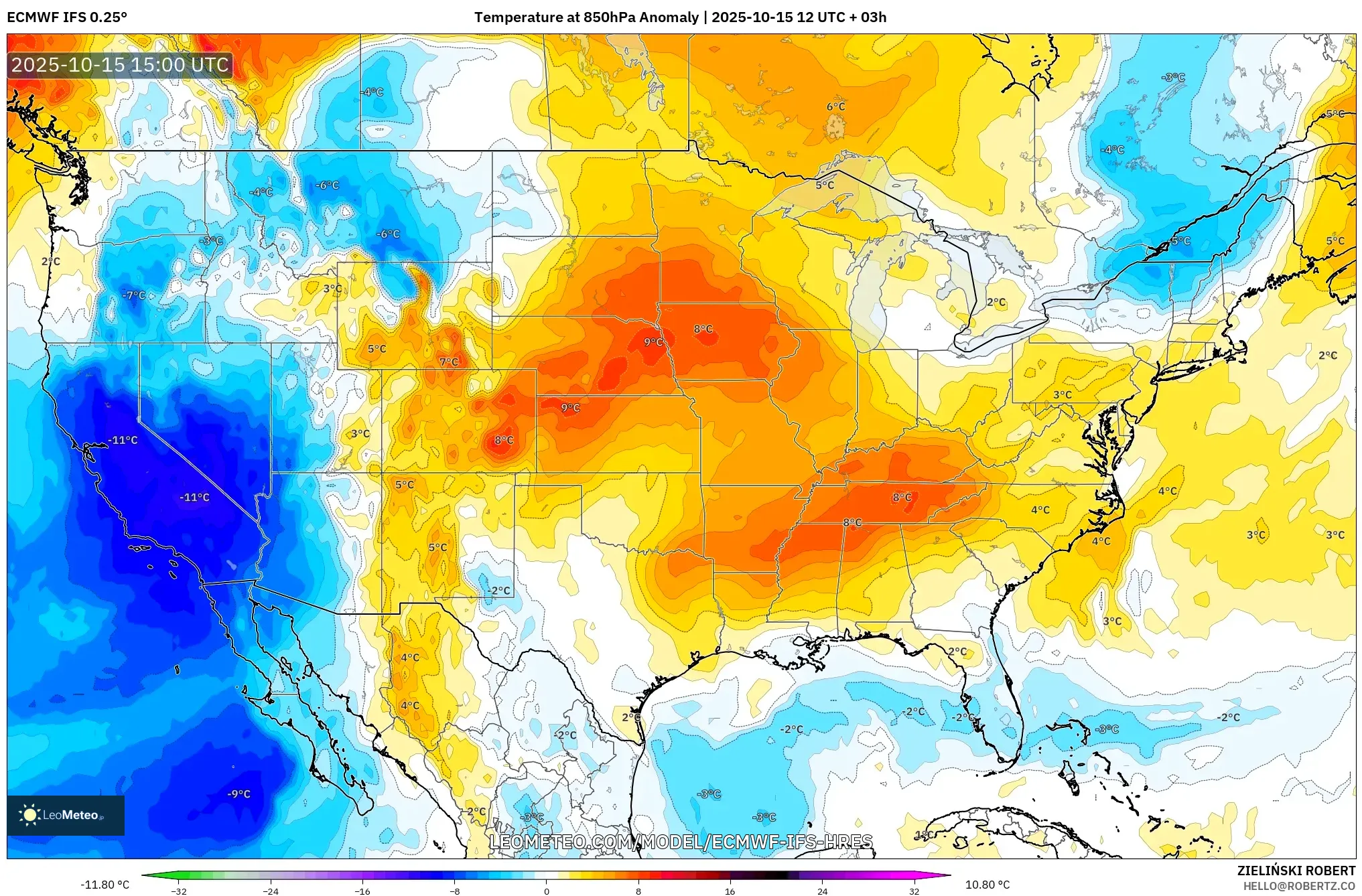 ECMWF IFS 0.25° model - United States, Temperature at 850hPa Anomaly ECMWF IFS 0.25° model - United States, Temperature at 850hPa Anomaly