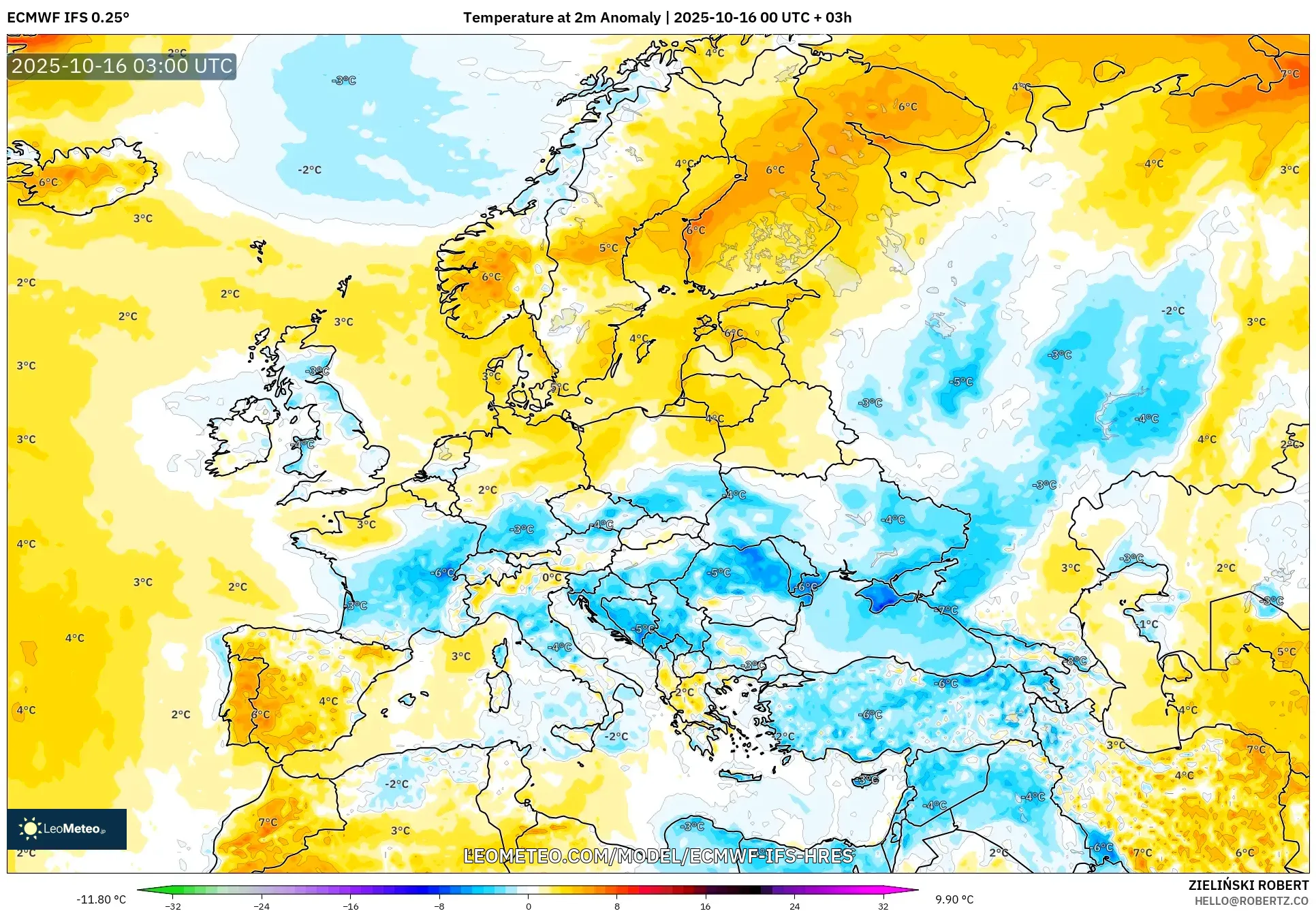 ECMWF IFS 0.25° model - Europe, Temperature at 2m Anomaly ECMWF IFS 0.25° model - Europe, Temperature at 2m Anomaly