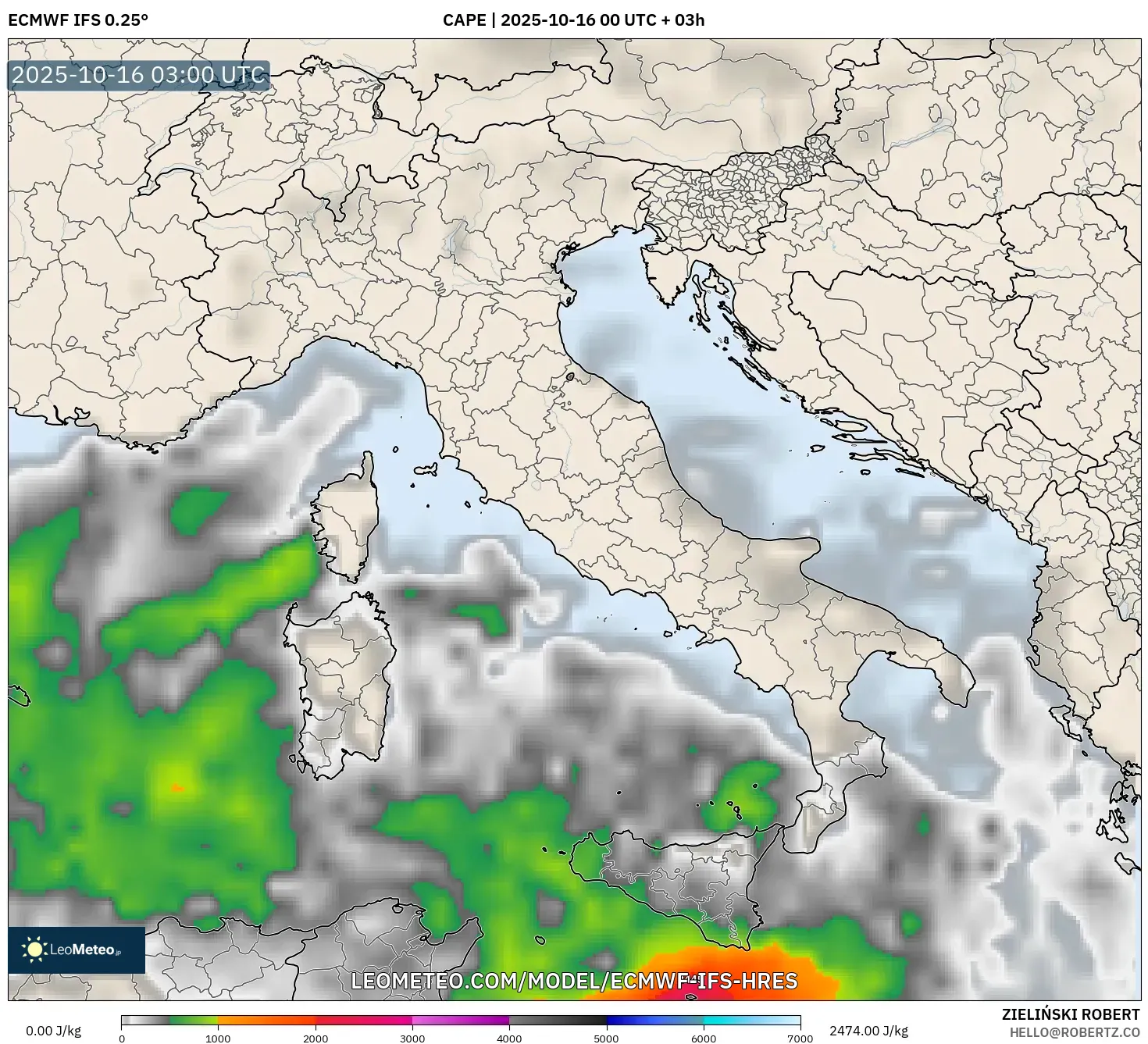 ECMWF IFS 0.25° model - Italy, CAPE ECMWF IFS 0.25° model - Italy, CAPE