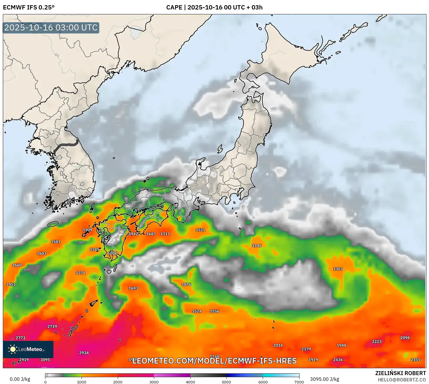 ECMWF IFS 0.25° model - Japan, CAPE ECMWF IFS 0.25° model - Japan, CAPE