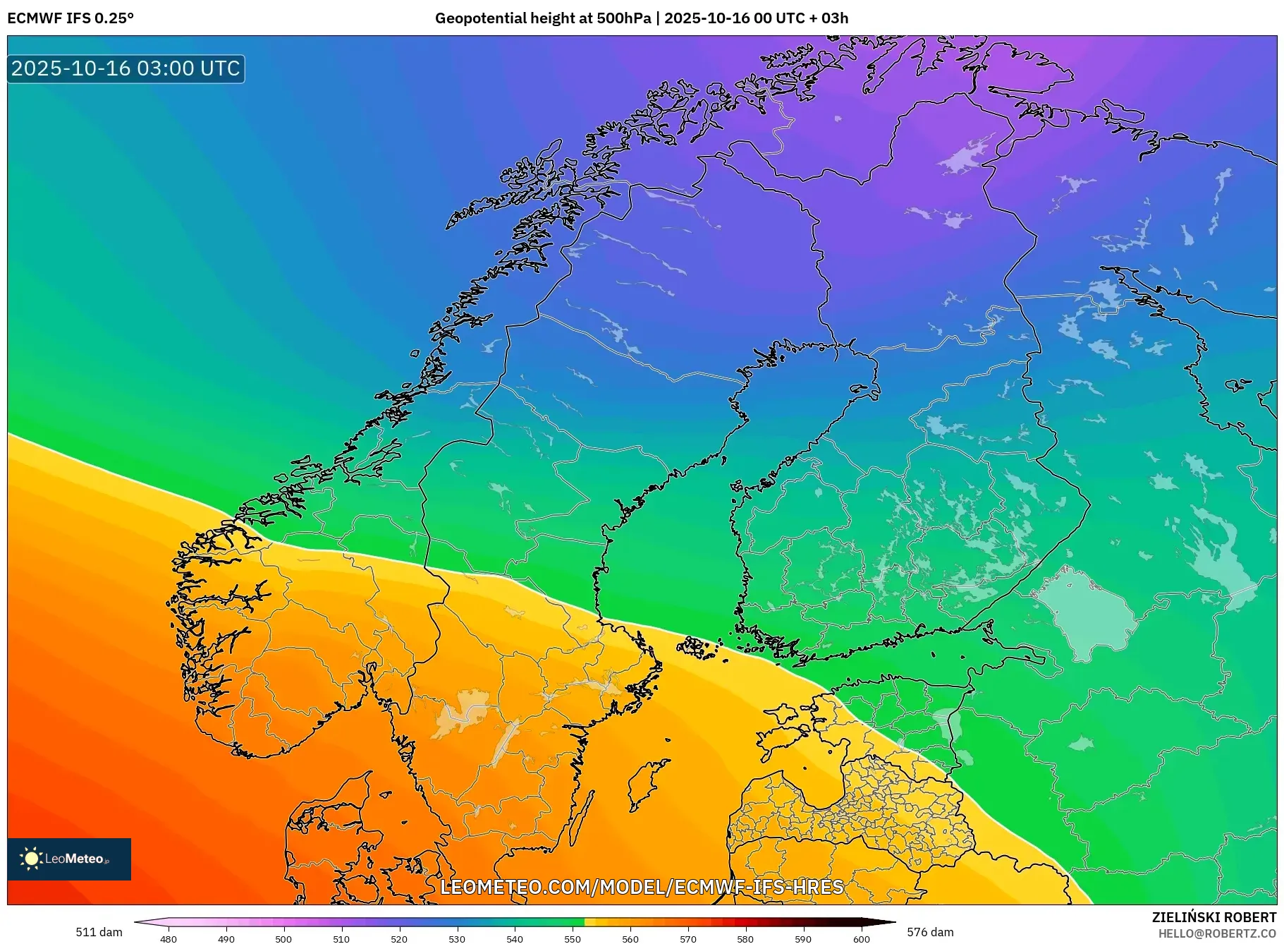 ECMWF IFS 0.25° model - Scandinavia, Geopotential height at 500hPa ECMWF IFS 0.25° model - Scandinavia, Geopotential height at 500hPa