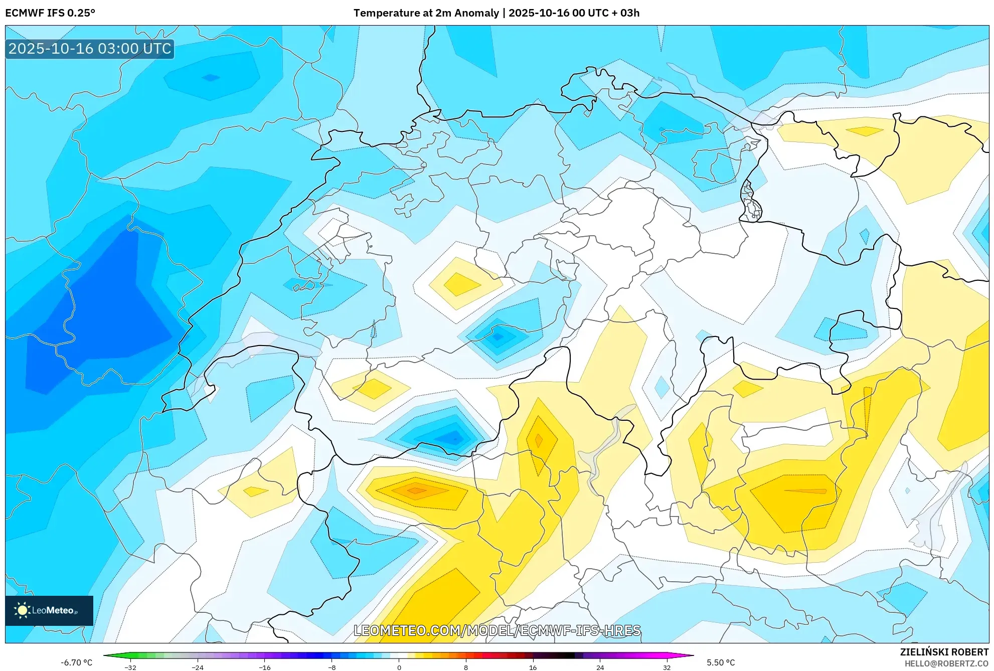 ECMWF IFS 0.25° model - Switzerland, Temperature at 2m Anomaly ECMWF IFS 0.25° model - Switzerland, Temperature at 2m Anomaly