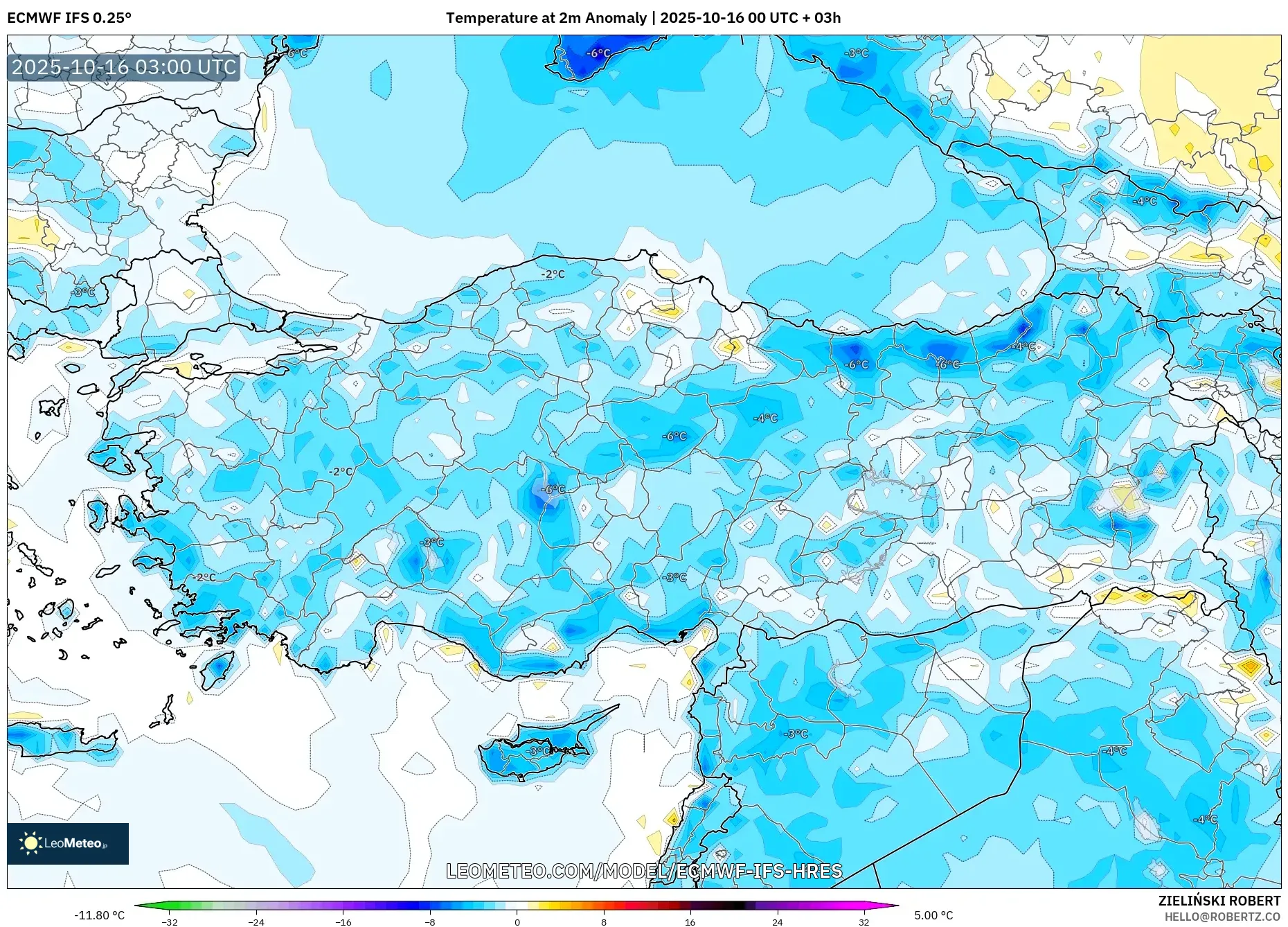 ECMWF IFS 0.25° model - Turkey, Temperature at 2m Anomaly ECMWF IFS 0.25° model - Turkey, Temperature at 2m Anomaly