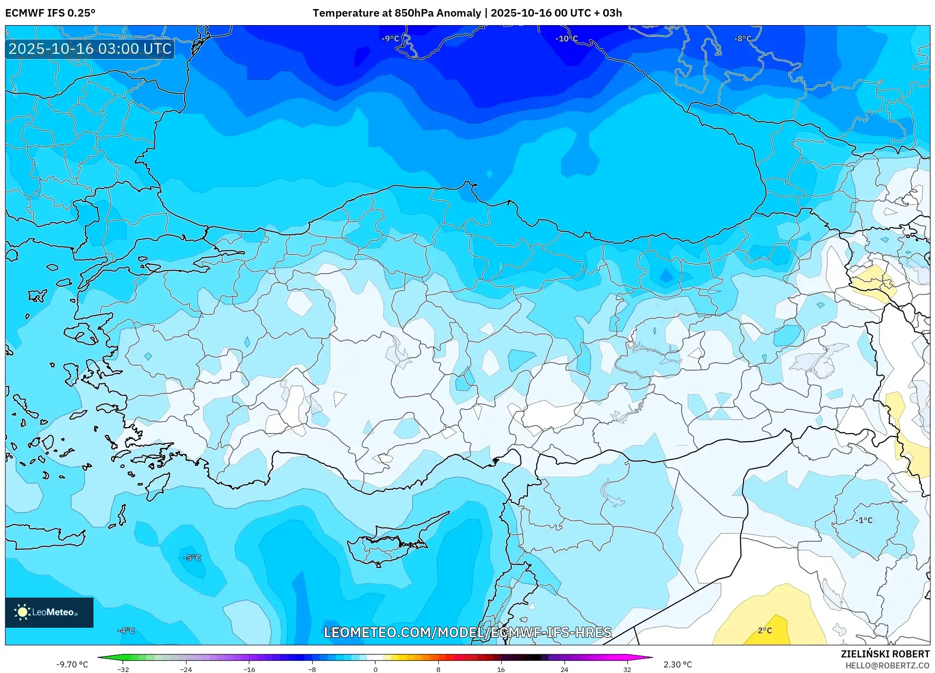 ECMWF IFS 0.25° model - Turkey, Temperature at 850hPa Anomaly ECMWF IFS 0.25° model - Turkey, Temperature at 850hPa Anomaly