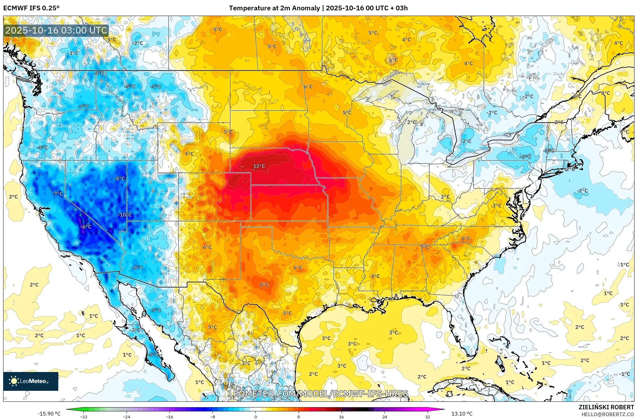 ECMWF IFS 0.25° model - United States, Temperature at 2m Anomaly ECMWF IFS 0.25° model - United States, Temperature at 2m Anomaly