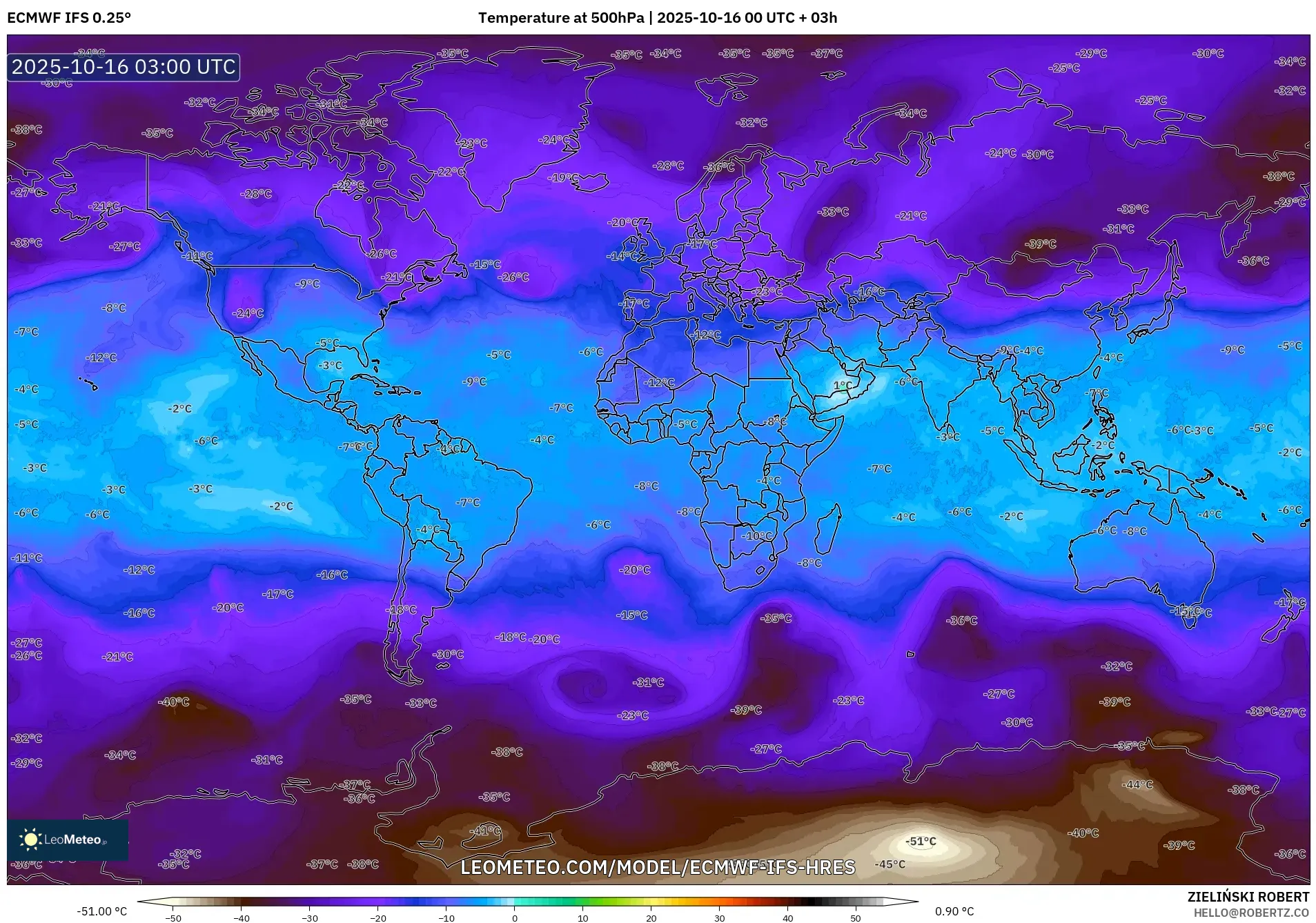 ECMWF IFS 0.25° model - World, Temperature at 500hPa ECMWF IFS 0.25° model - World, Temperature at 500hPa