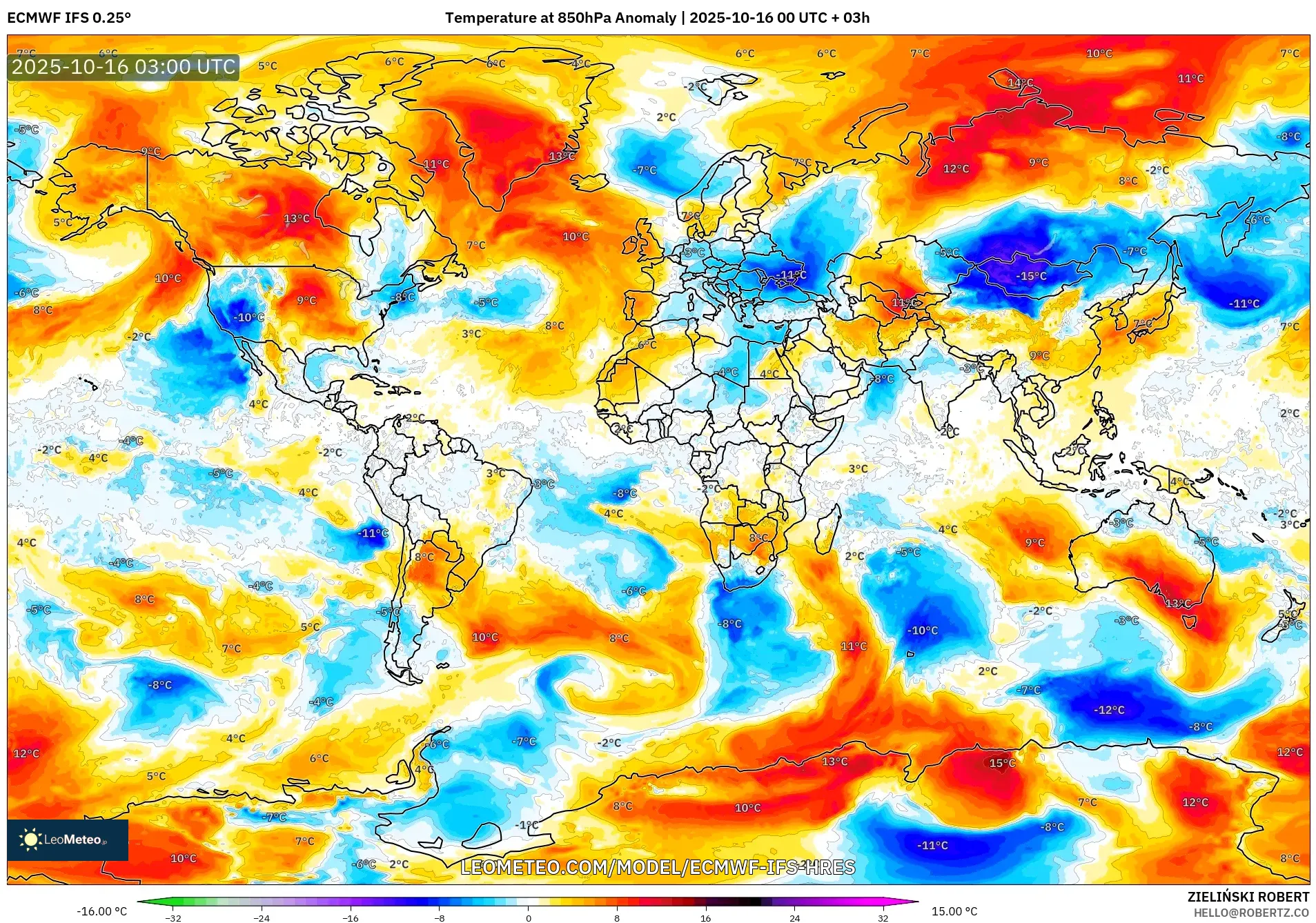 ECMWF IFS 0.25° model - World, Temperature at 850hPa Anomaly