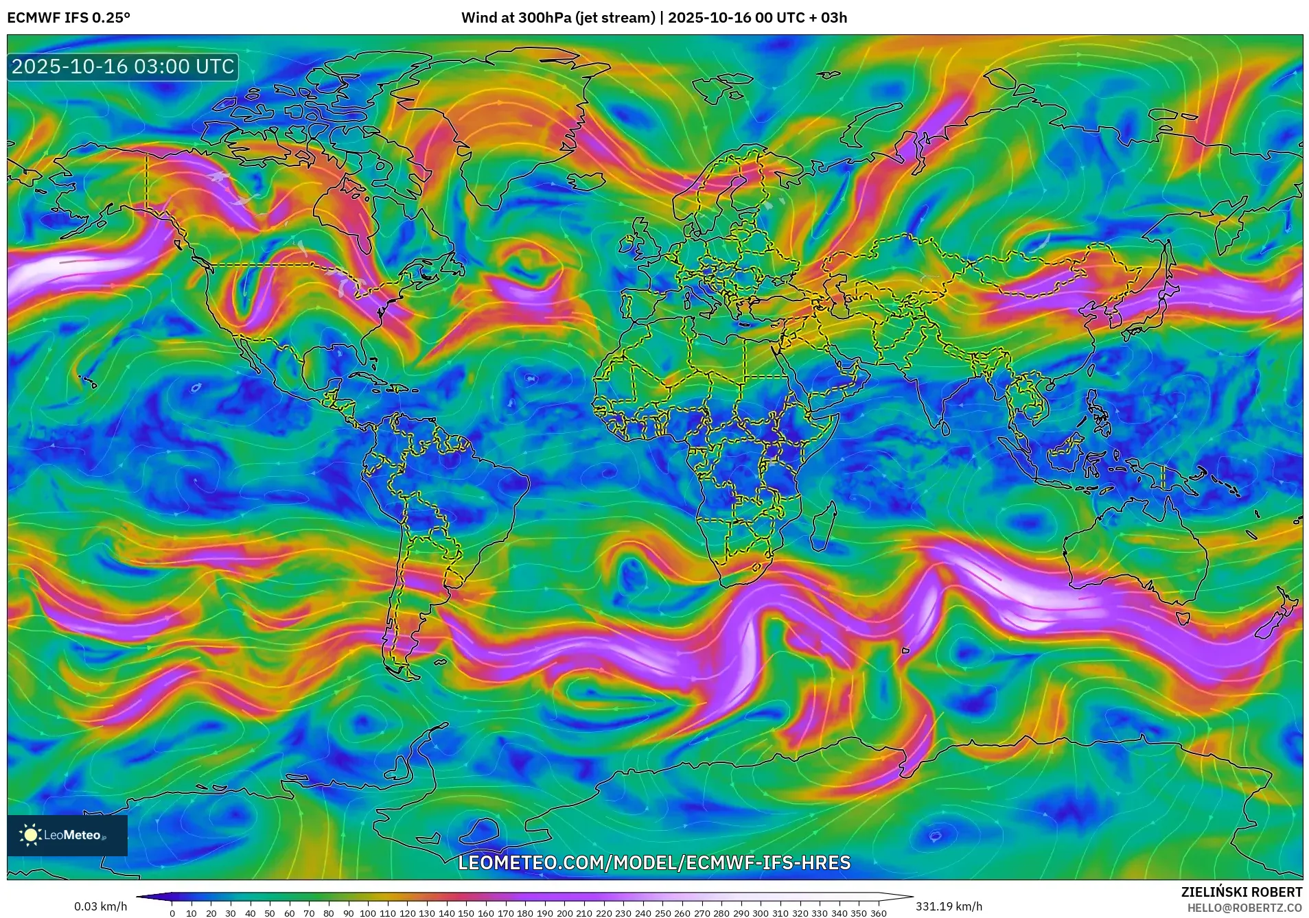 ECMWF IFS 0.25° model - World, Wind at 300hPa (jet stream) ECMWF IFS 0.25° model - World, Wind at 300hPa (jet stream)