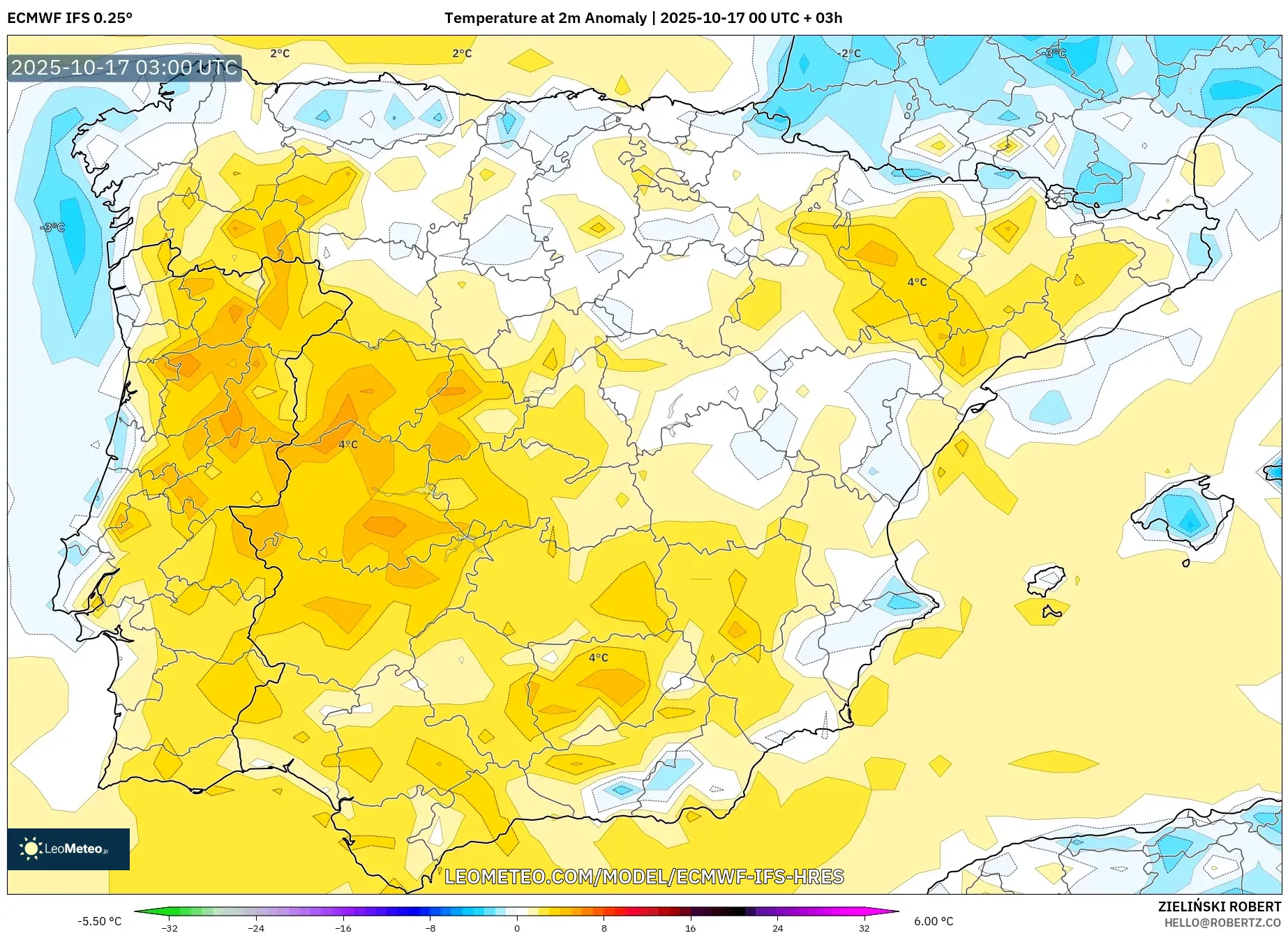 ECMWF IFS 0.25° model - Spain, Temperature at 2m Anomaly ECMWF IFS 0.25° model - Spain, Temperature at 2m Anomaly