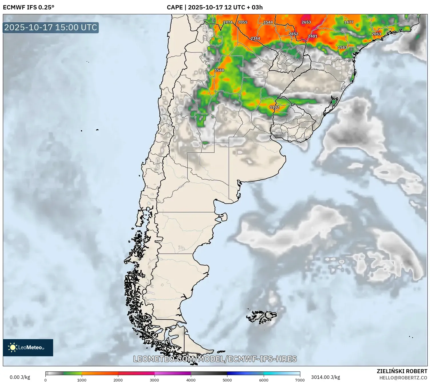 ECMWF IFS 0.25° model - Argentina, CAPE ECMWF IFS 0.25° model - Argentina, CAPE