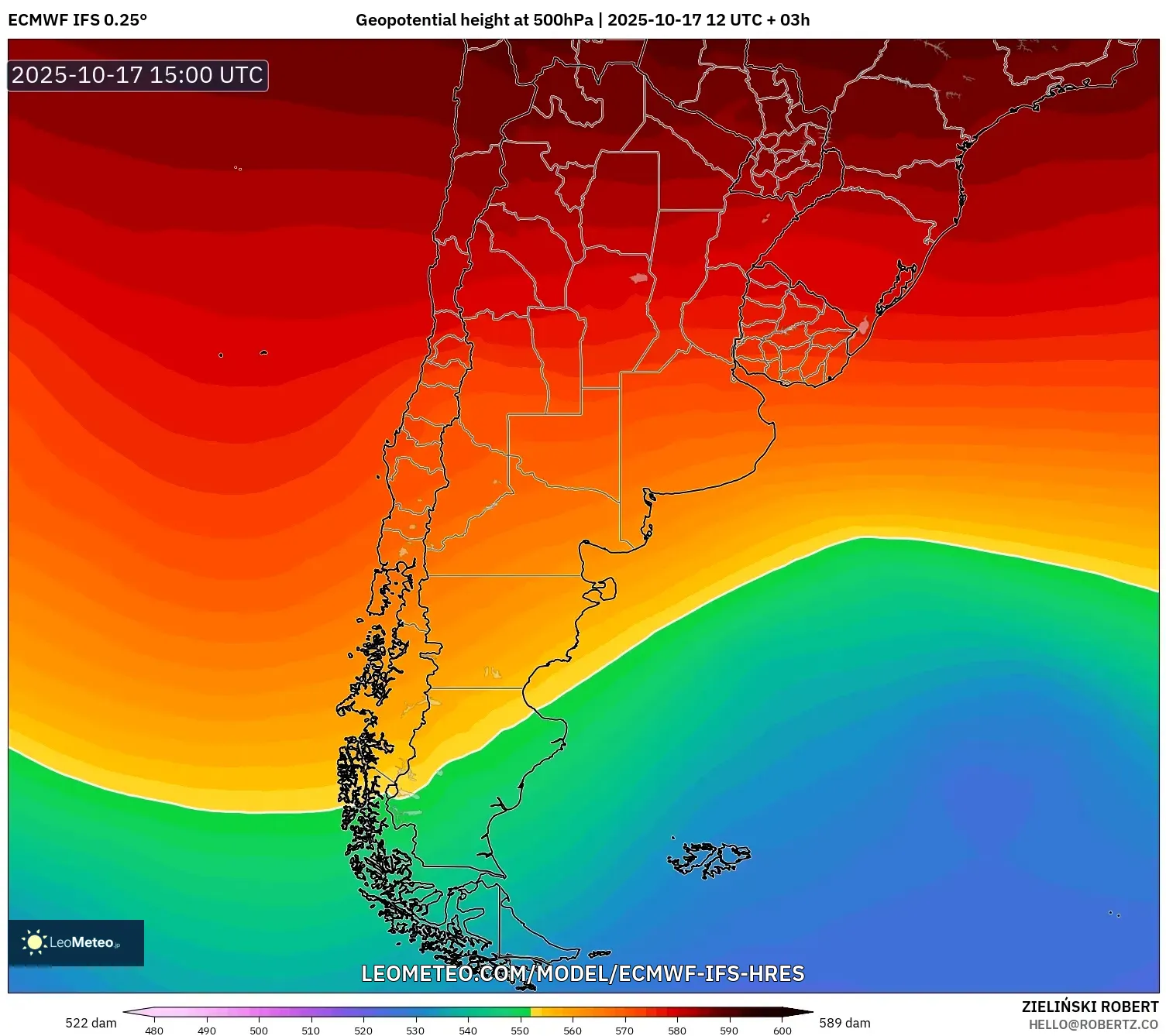 ECMWF IFS 0.25° model - Argentina, Geopotential height at 500hPa ECMWF IFS 0.25° model - Argentina, Geopotential height at 500hPa
