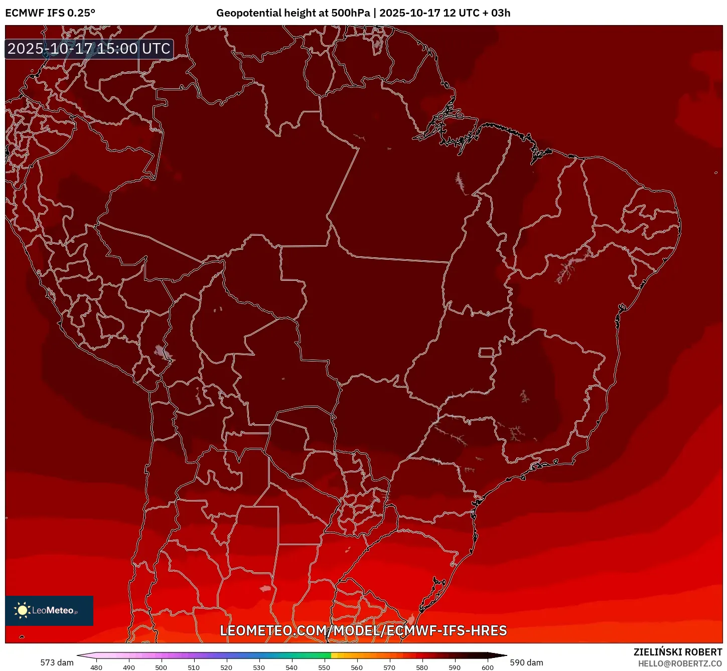 ECMWF IFS 0.25° model - Brazil, Geopotential height at 500hPa ECMWF IFS 0.25° model - Brazil, Geopotential height at 500hPa