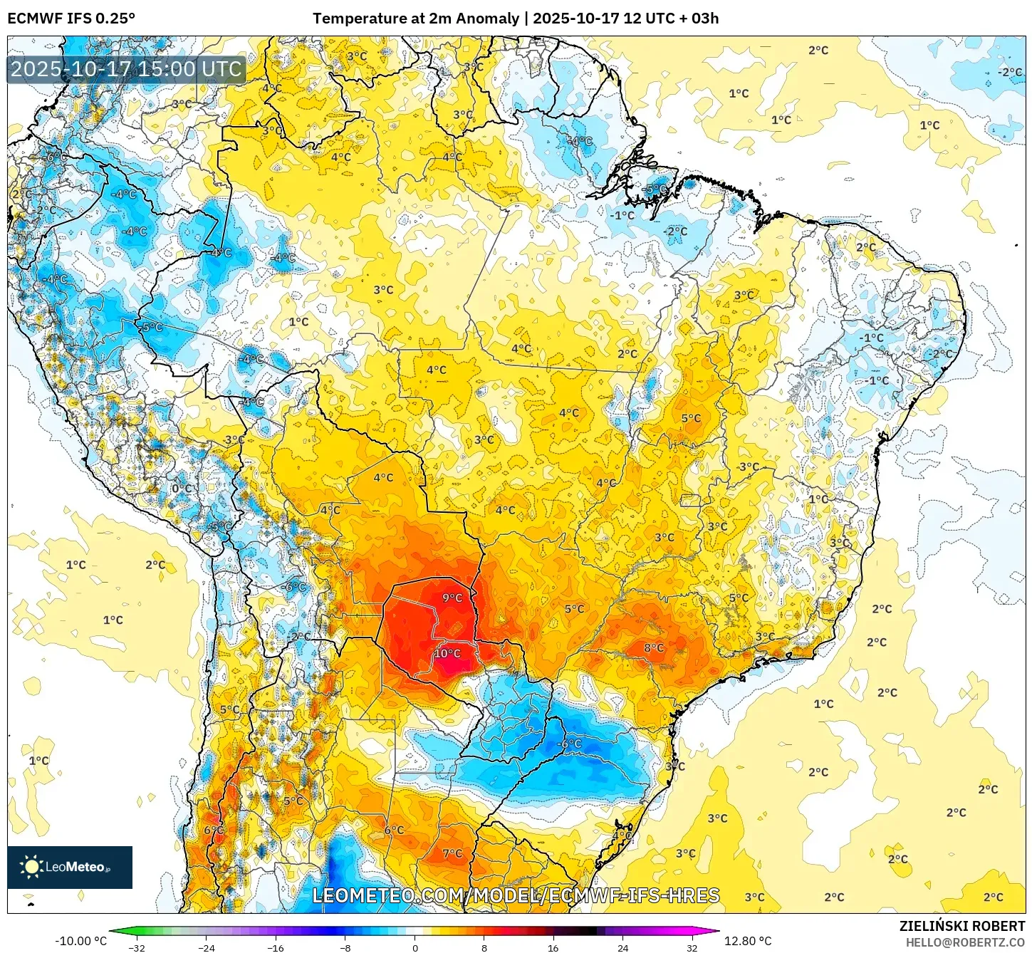 ECMWF IFS 0.25° model - Brazil, Temperature at 2m Anomaly ECMWF IFS 0.25° model - Brazil, Temperature at 2m Anomaly