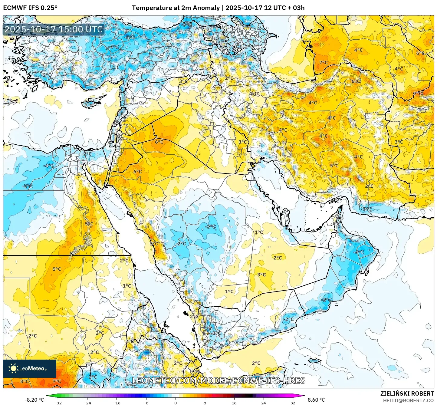 ECMWF IFS 0.25° model - Middle East, Temperature at 2m Anomaly ECMWF IFS 0.25° model - Middle East, Temperature at 2m Anomaly