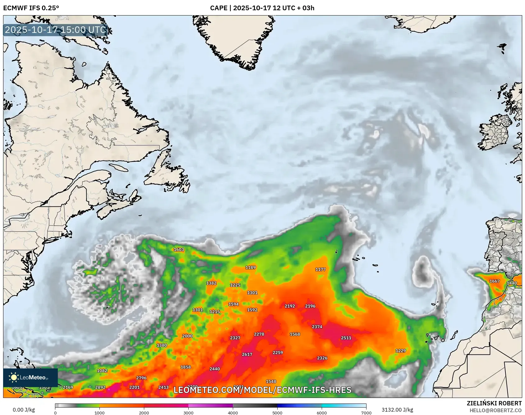 ECMWF IFS 0.25° model - North Atlantic, CAPE ECMWF IFS 0.25° model - North Atlantic, CAPE