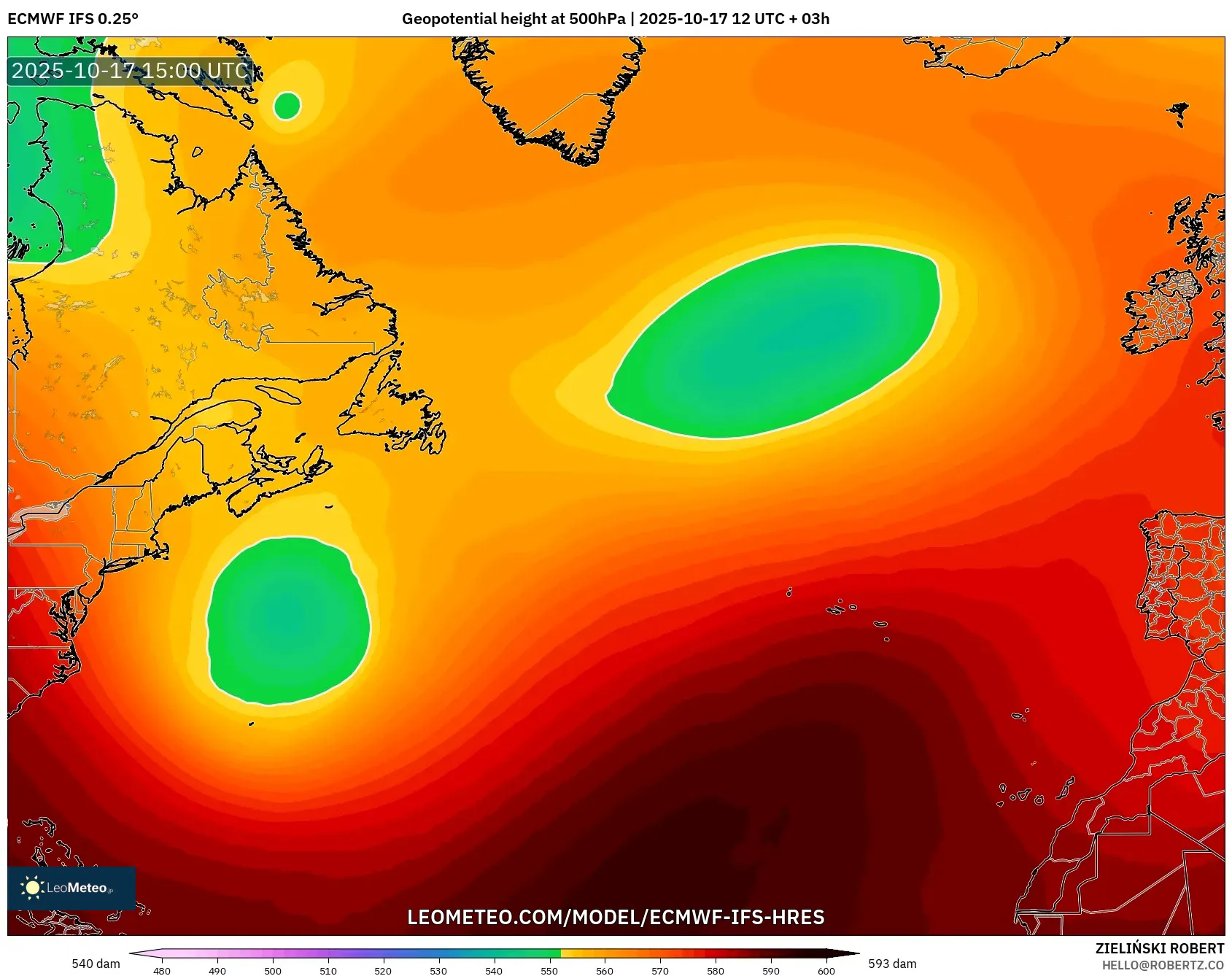 ECMWF IFS 0.25° model - North Atlantic, Geopotential height at 500hPa ECMWF IFS 0.25° model - North Atlantic, Geopotential height at 500hPa