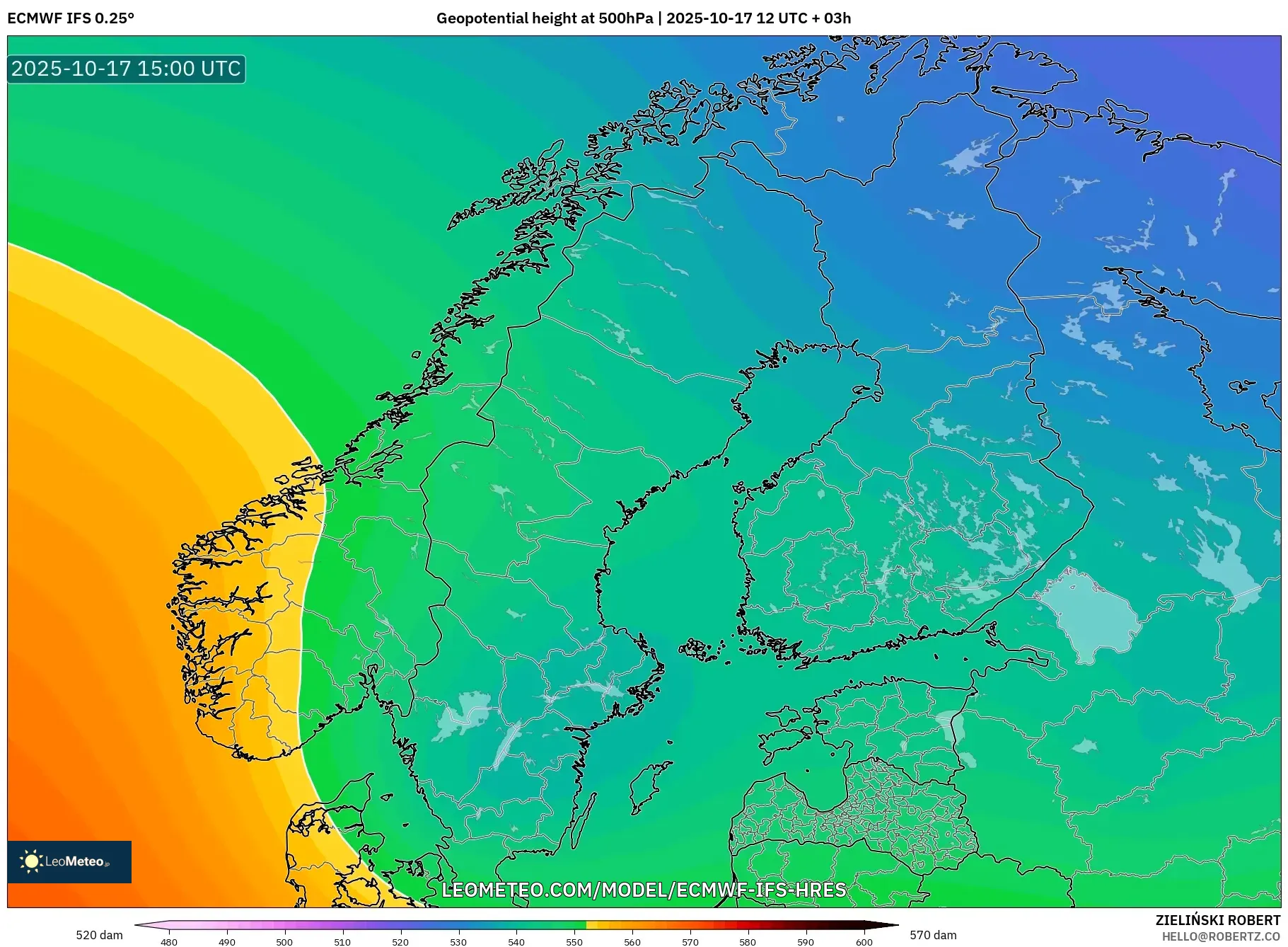 ECMWF IFS 0.25° model - Scandinavia, Geopotential height at 500hPa ECMWF IFS 0.25° model - Scandinavia, Geopotential height at 500hPa