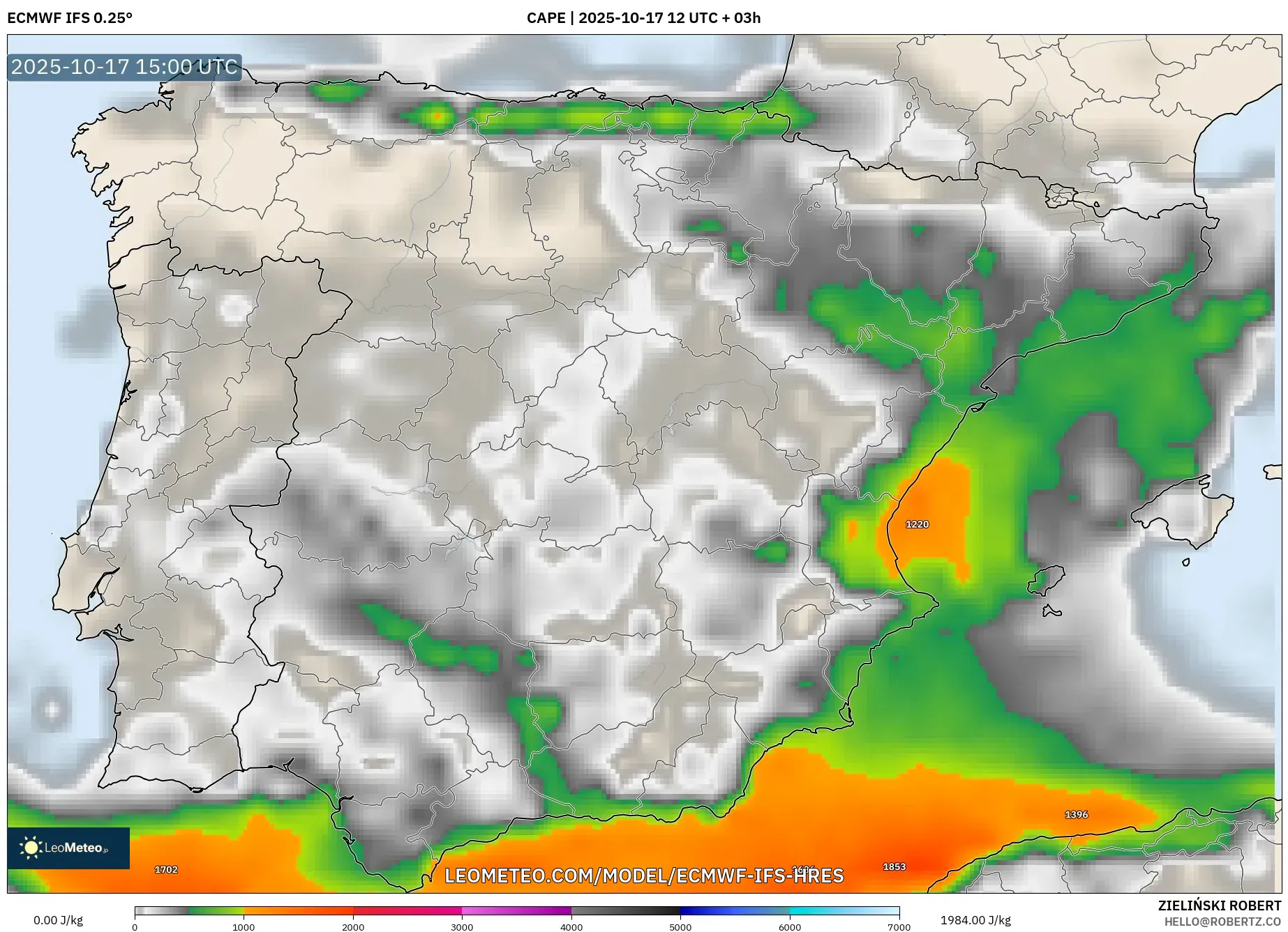 ECMWF IFS 0.25° model - Spain, CAPE ECMWF IFS 0.25° model - Spain, CAPE