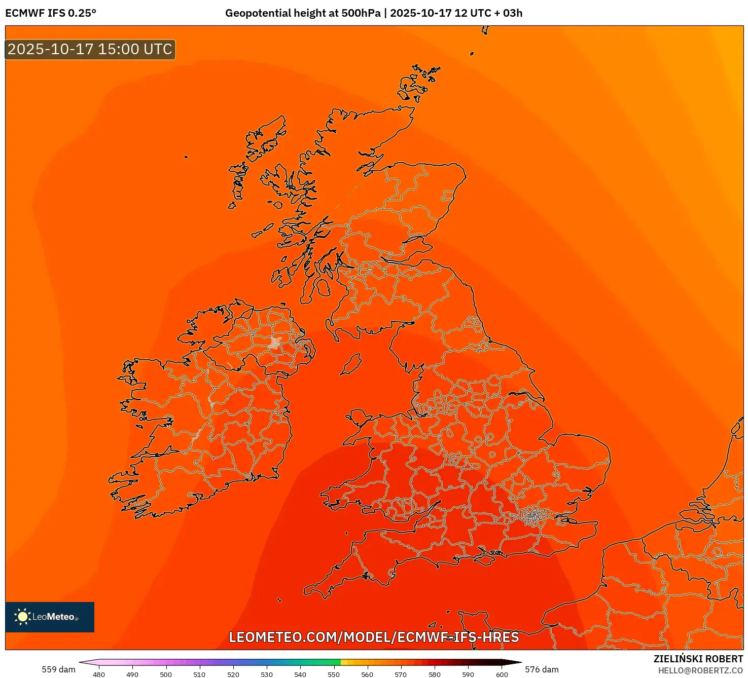 ECMWF IFS 0.25° model - United Kingdom, Geopotential height at 500hPa ECMWF IFS 0.25° model - United Kingdom, Geopotential height at 500hPa