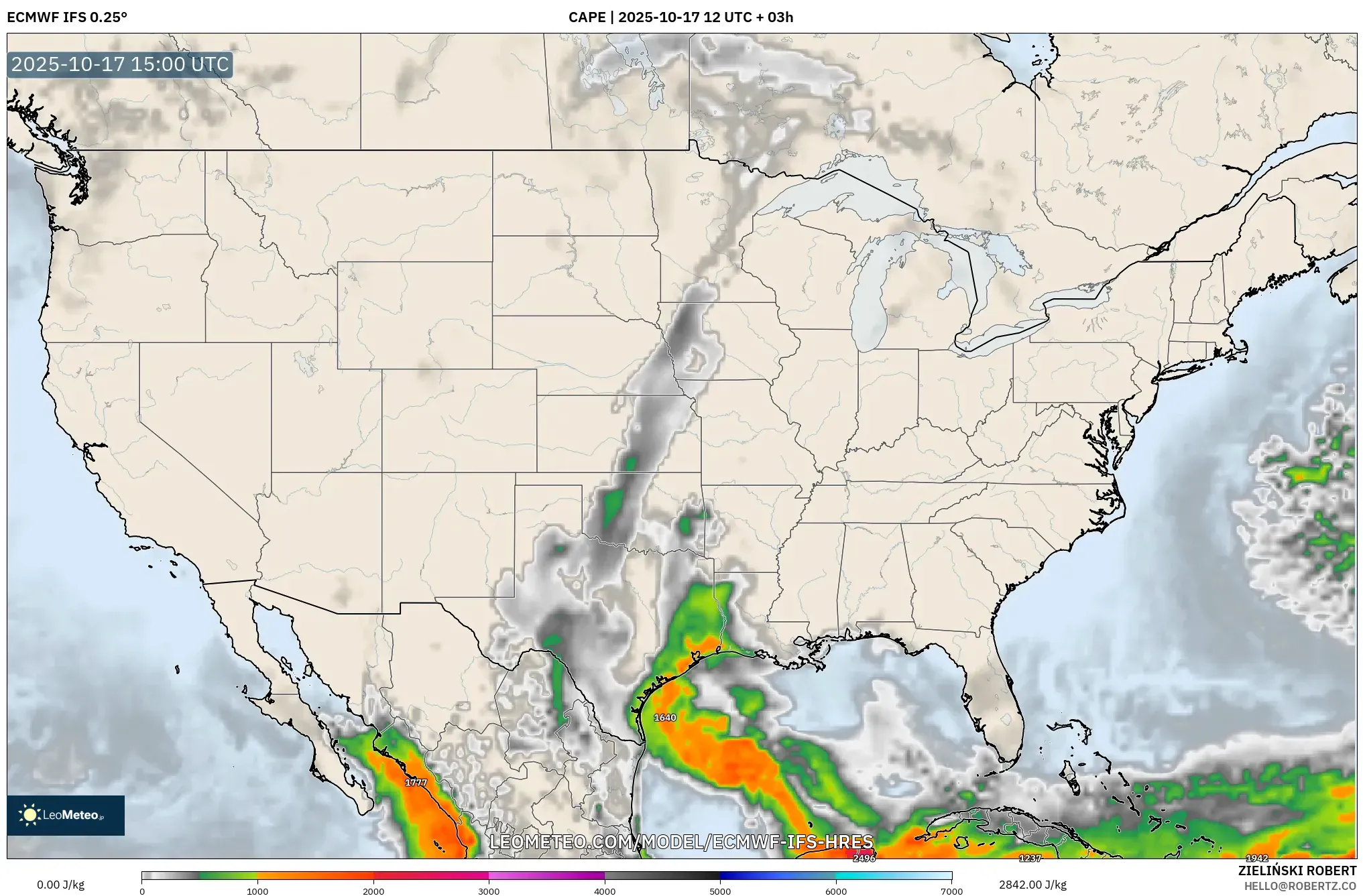 ECMWF IFS 0.25° model - United States, CAPE ECMWF IFS 0.25° model - United States, CAPE