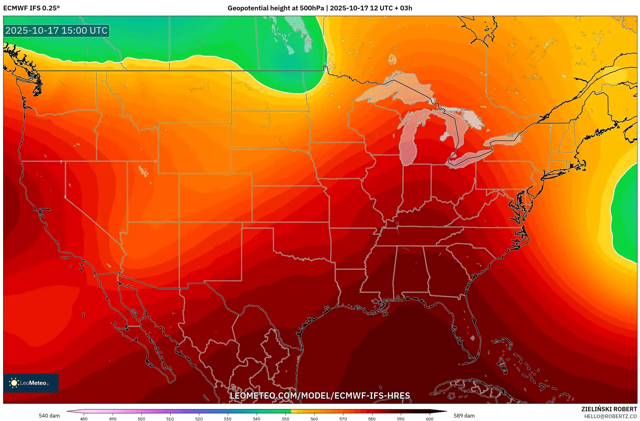 ECMWF IFS 0.25° model - United States, Geopotential height at 500hPa ECMWF IFS 0.25° model - United States, Geopotential height at 500hPa