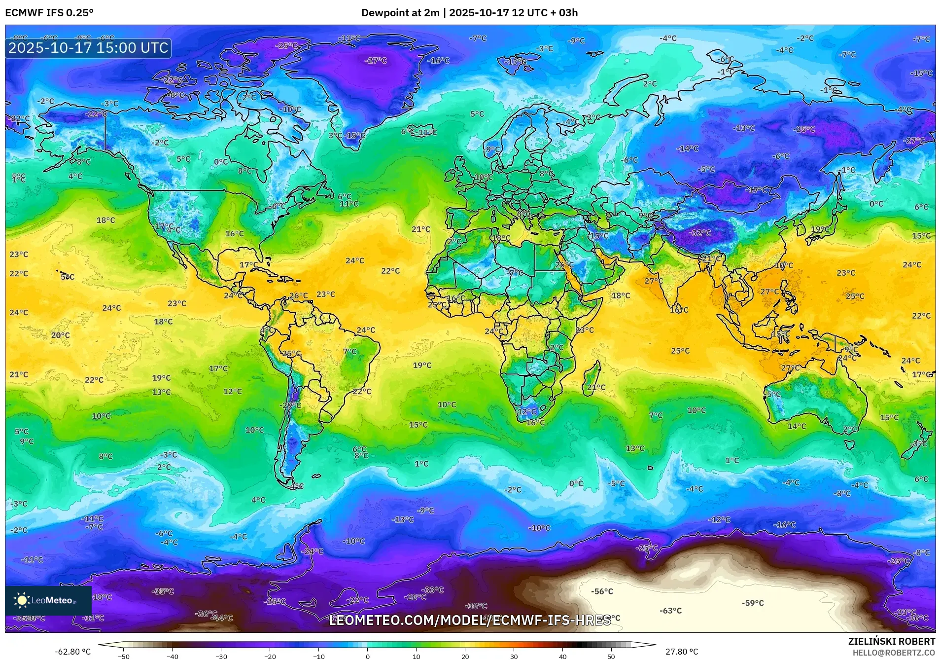 ECMWF IFS 0.25° model - World, Dewpoint at 2m ECMWF IFS 0.25° model - World, Dewpoint at 2m