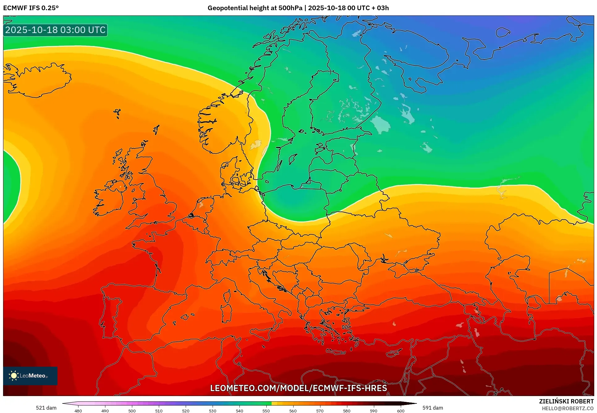 ECMWF IFS 0.25° model - Europe, Geopotential height at 500hPa