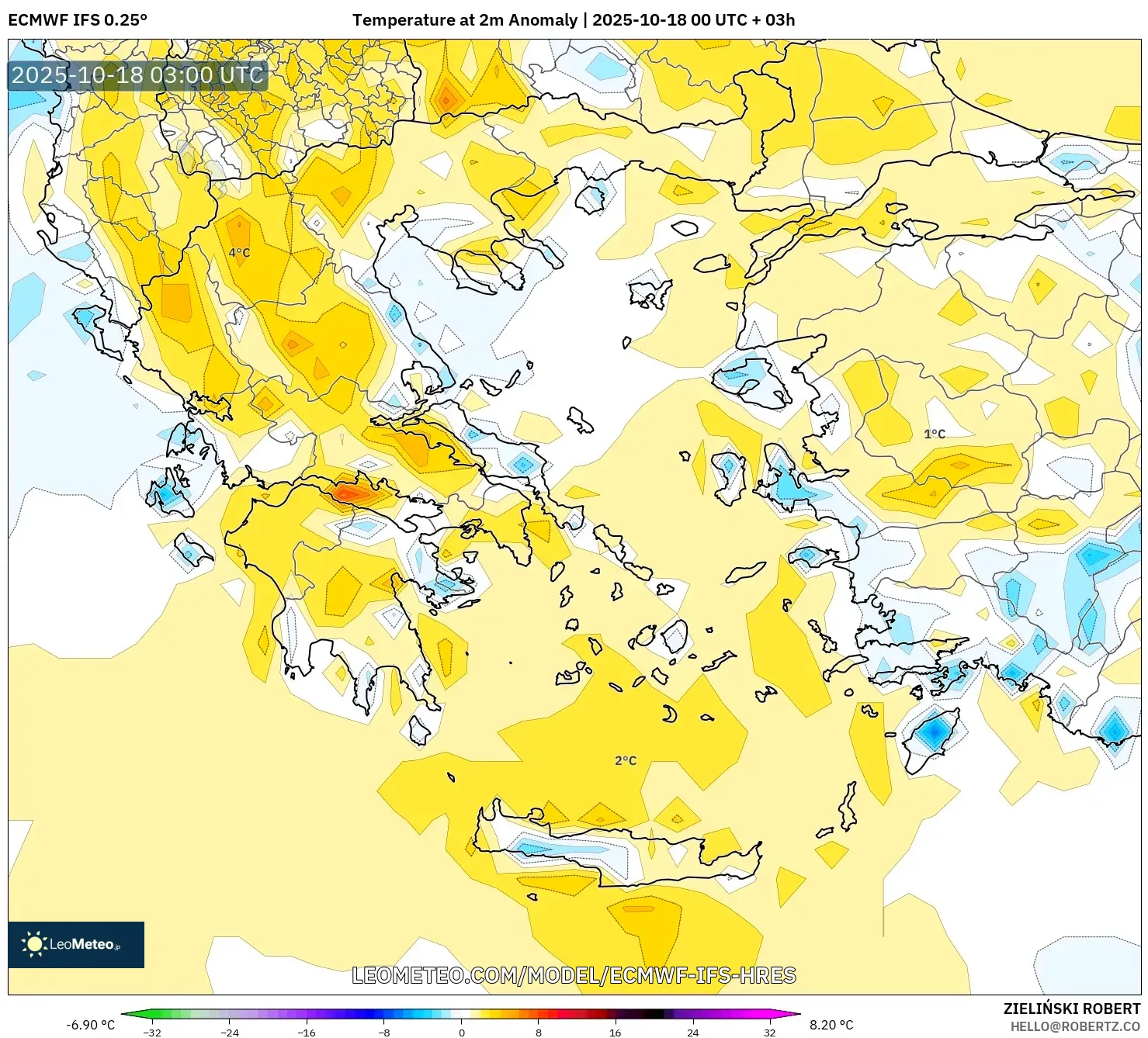 ECMWF IFS 0.25° model - Greece, Temperature at 2m Anomaly ECMWF IFS 0.25° model - Greece, Temperature at 2m Anomaly