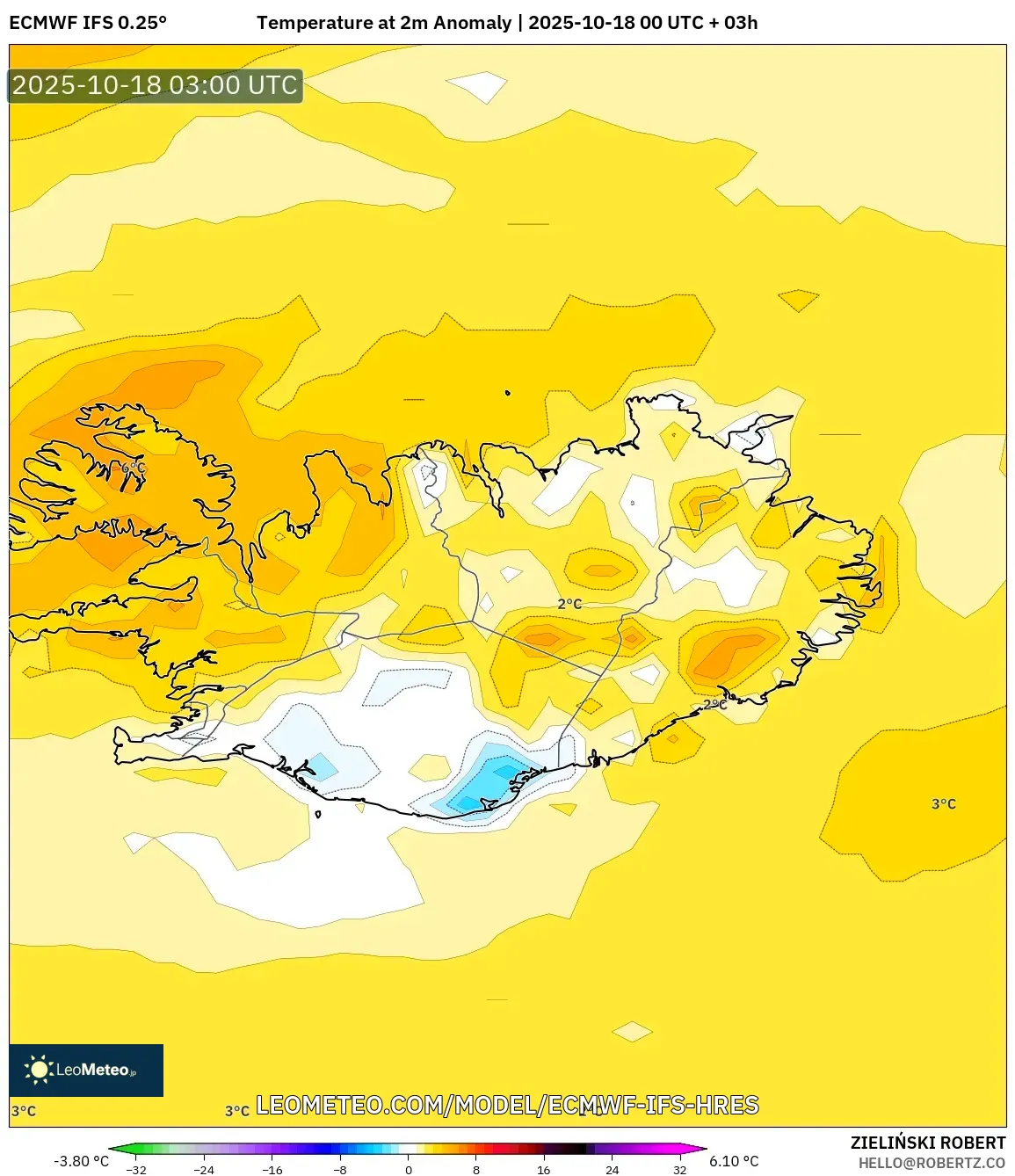 ECMWF IFS 0.25° model - Iceland, Temperature at 2m Anomaly ECMWF IFS 0.25° model - Iceland, Temperature at 2m Anomaly