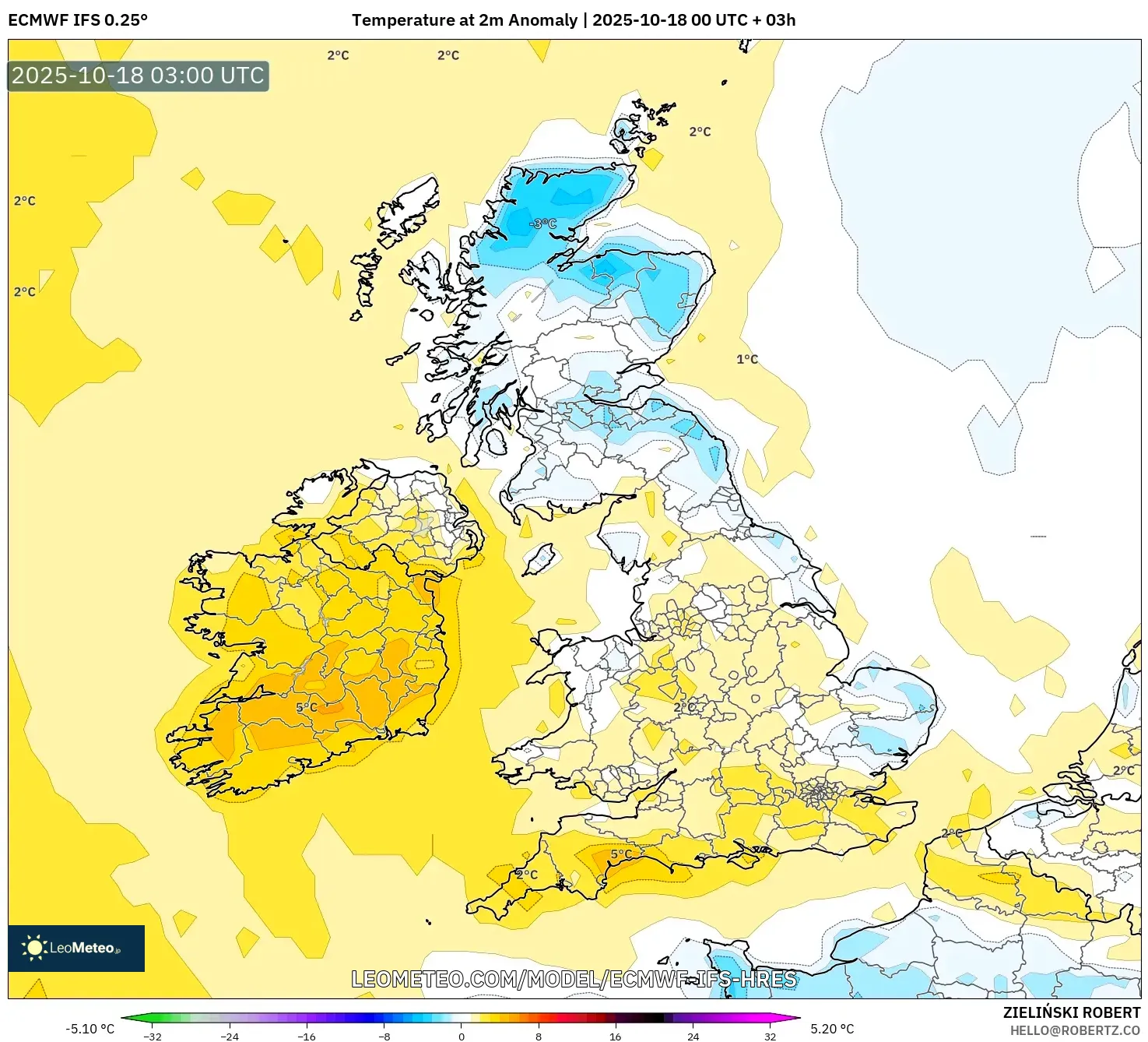 ECMWF IFS 0.25° model - United Kingdom, Temperature at 2m Anomaly ECMWF IFS 0.25° model - United Kingdom, Temperature at 2m Anomaly