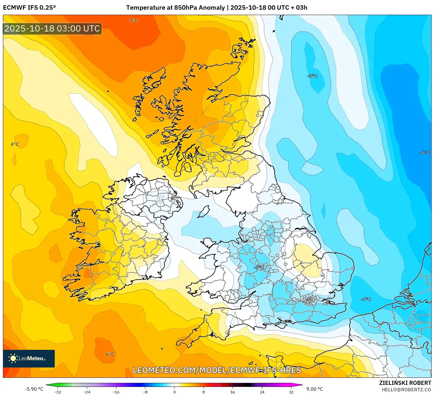 ECMWF IFS 0.25° model - United Kingdom, Temperature at 850hPa Anomaly ECMWF IFS 0.25° model - United Kingdom, Temperature at 850hPa Anomaly
