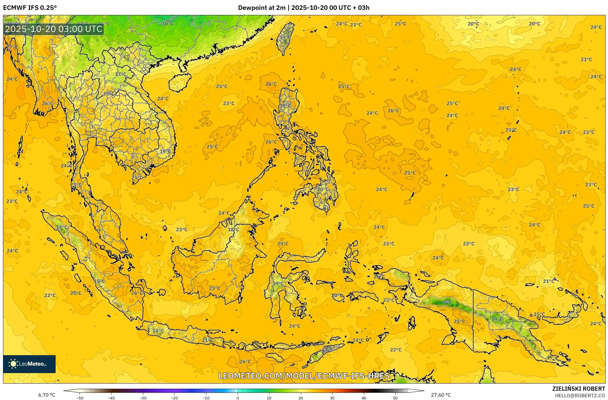 ECMWF IFS 0.25° model - South East Asia, Dewpoint at 2m ECMWF IFS 0.25° model - South East Asia, Dewpoint at 2m