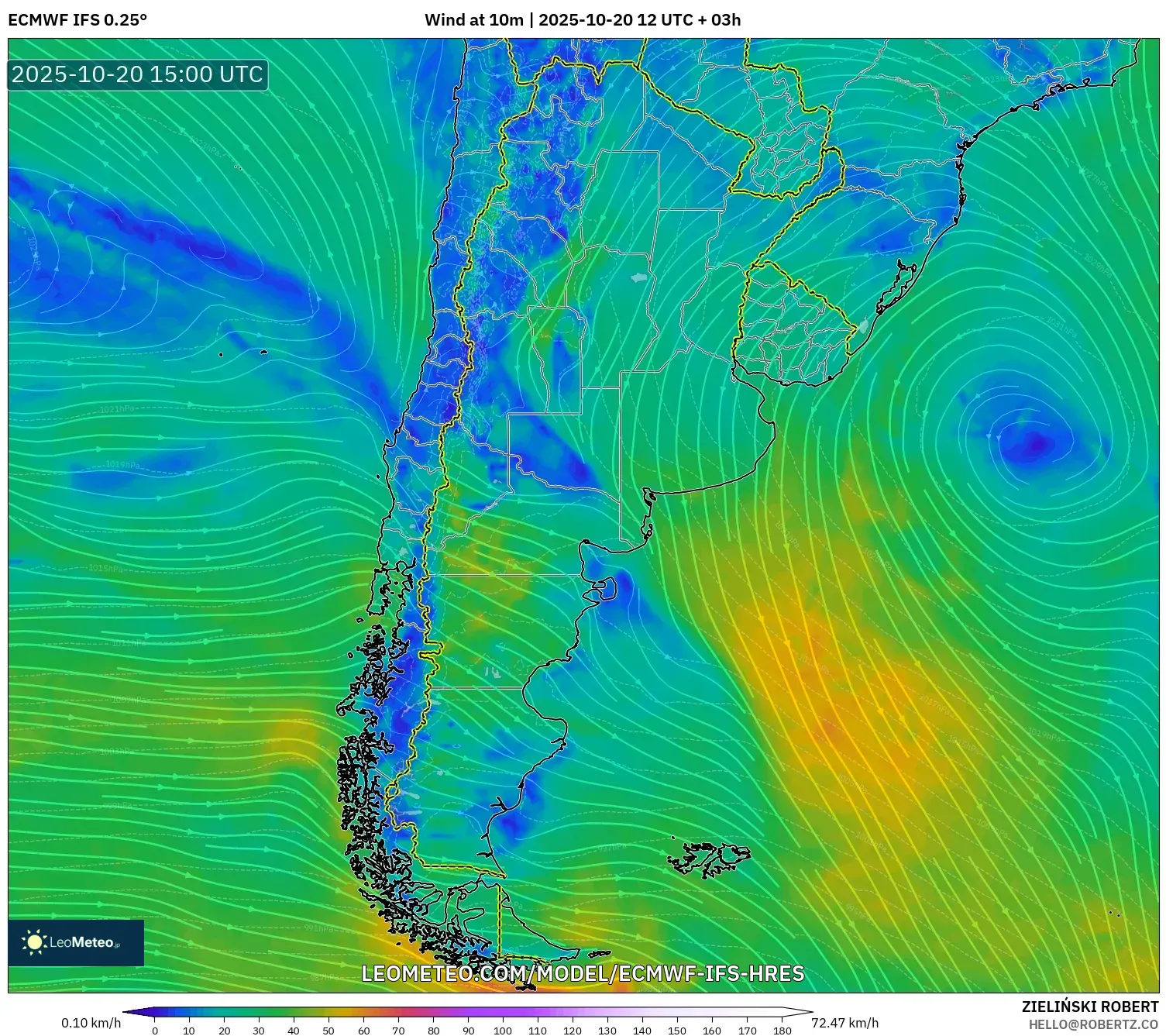 ECMWF IFS 0.25° model - Argentina, Wind at 10m ECMWF IFS 0.25° model - Argentina, Wind at 10m