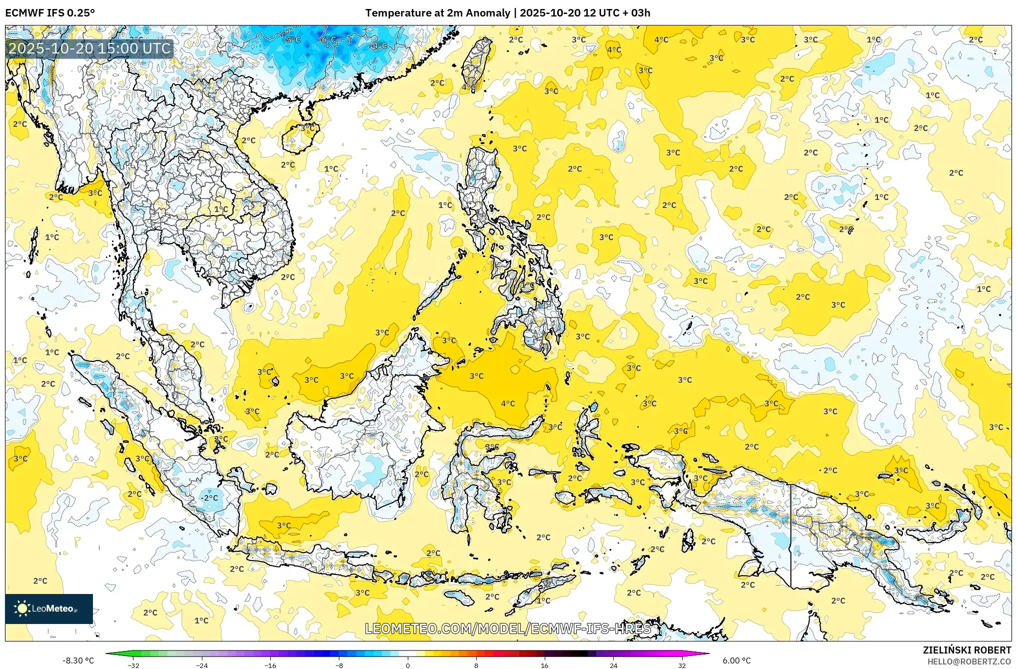 ECMWF IFS 0.25° model - South East Asia, Temperature at 2m Anomaly