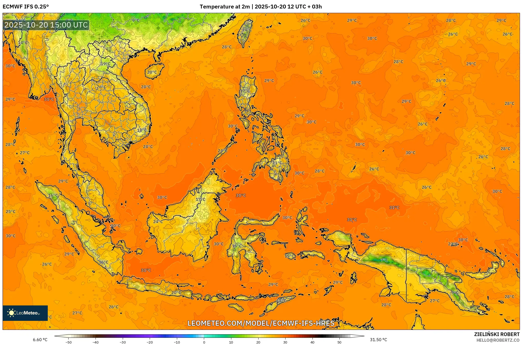 ECMWF IFS 0.25° model - South East Asia, Temperature at 2m ECMWF IFS 0.25° model - South East Asia, Temperature at 2m