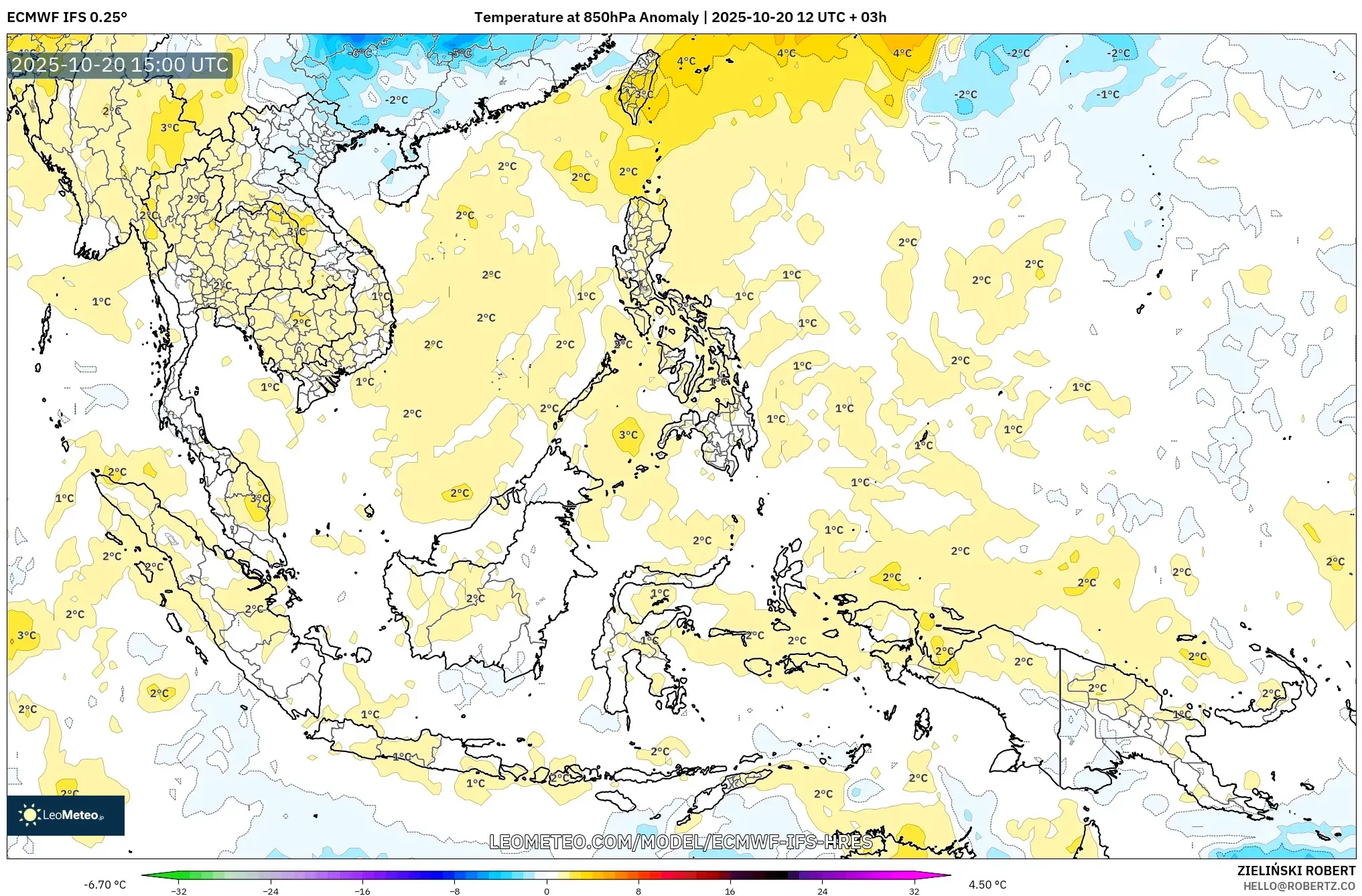 ECMWF IFS 0.25° model - South East Asia, Temperature at 850hPa Anomaly ECMWF IFS 0.25° model - South East Asia, Temperature at 850hPa Anomaly