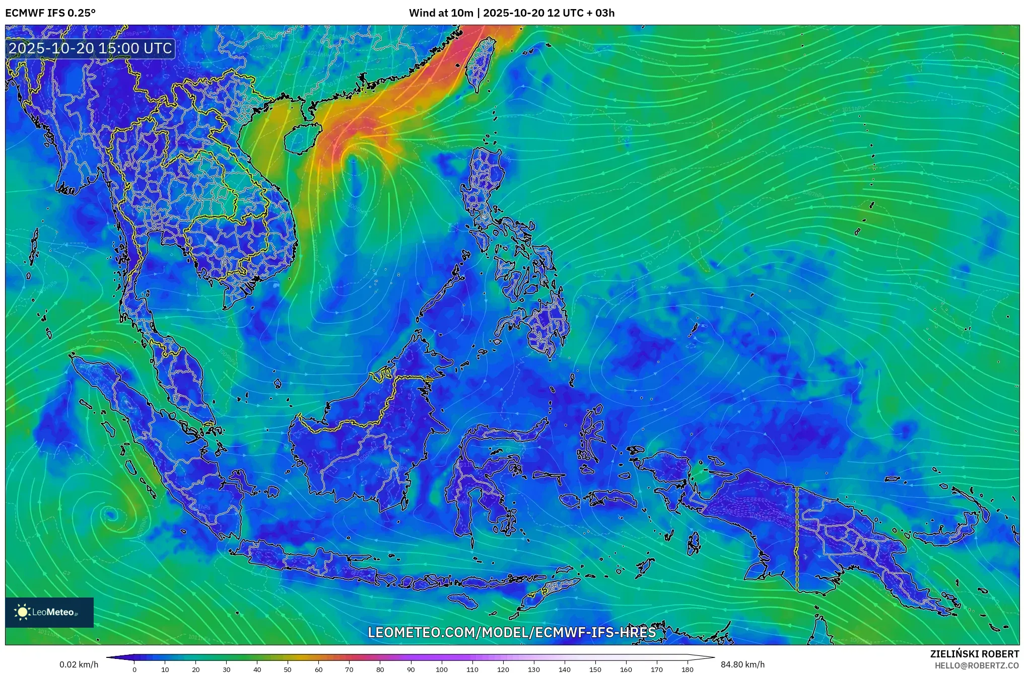 ECMWF IFS 0.25° model - South East Asia, Wind at 10m ECMWF IFS 0.25° model - South East Asia, Wind at 10m