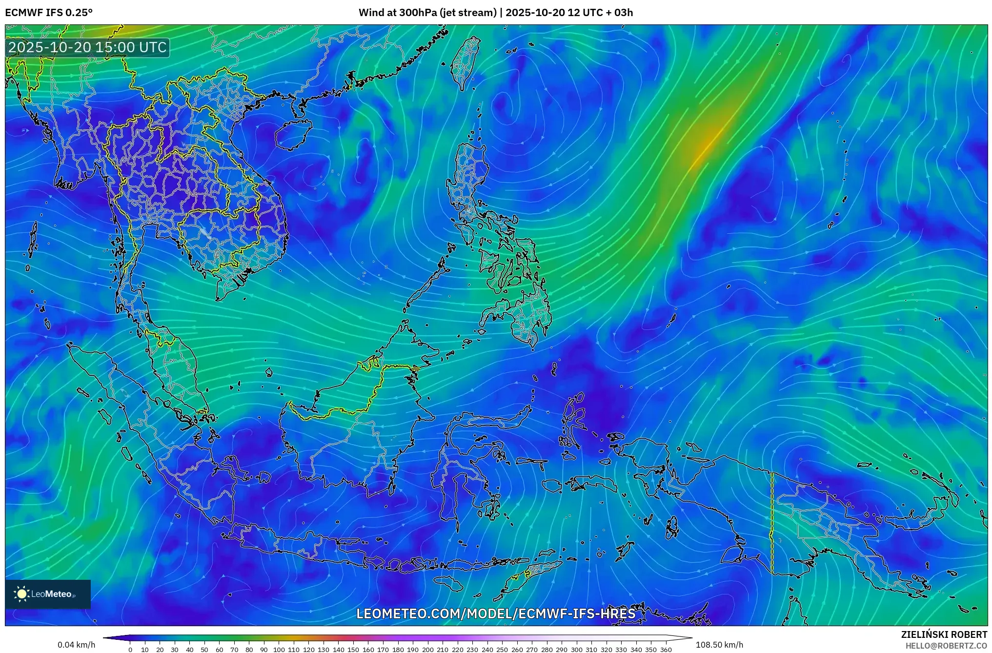 ECMWF IFS 0.25° model - South East Asia, Wind at 300hPa (jet stream) ECMWF IFS 0.25° model - South East Asia, Wind at 300hPa (jet stream)