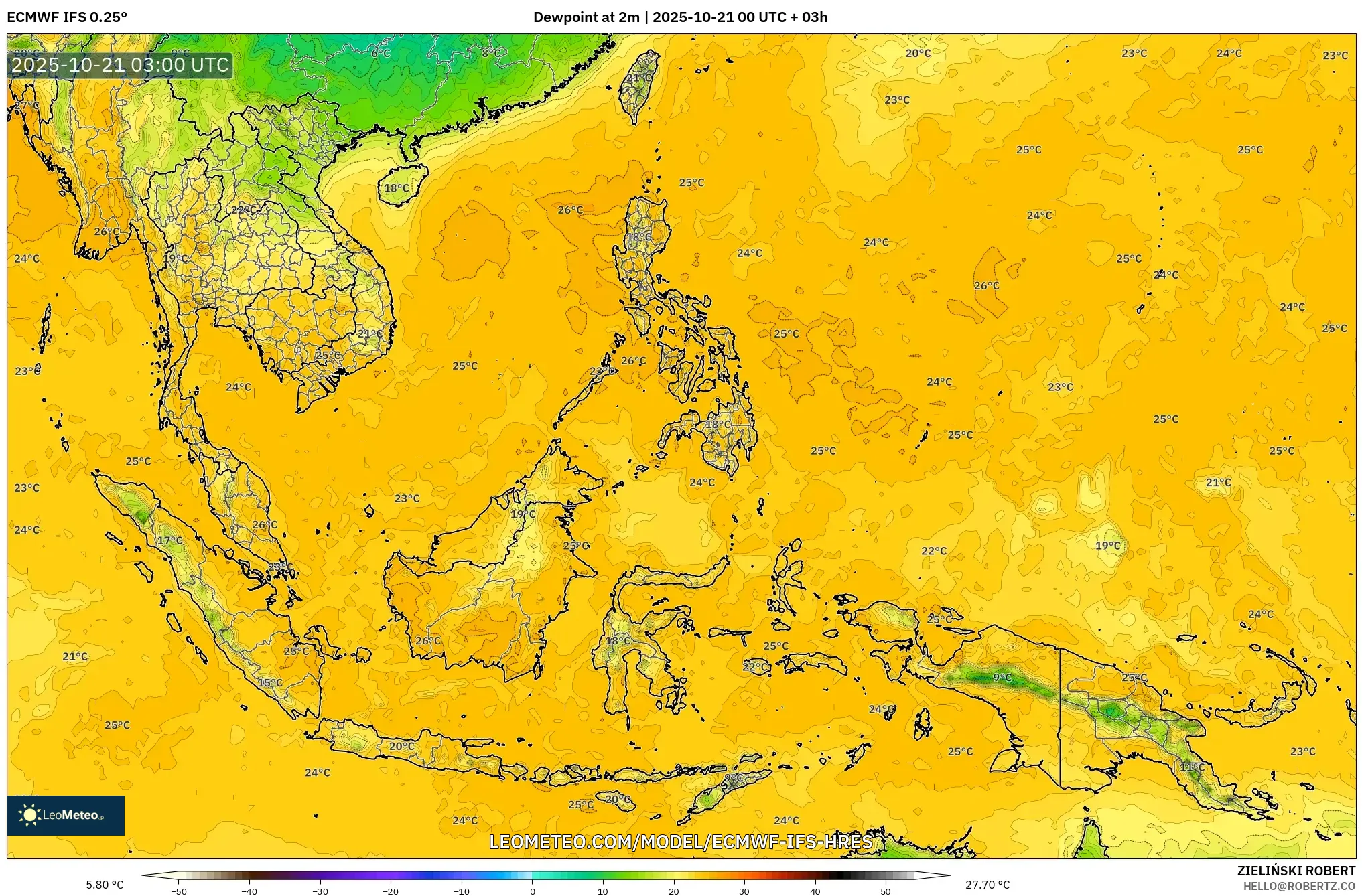 ECMWF IFS 0.25° model - South East Asia, Dewpoint at 2m ECMWF IFS 0.25° model - South East Asia, Dewpoint at 2m