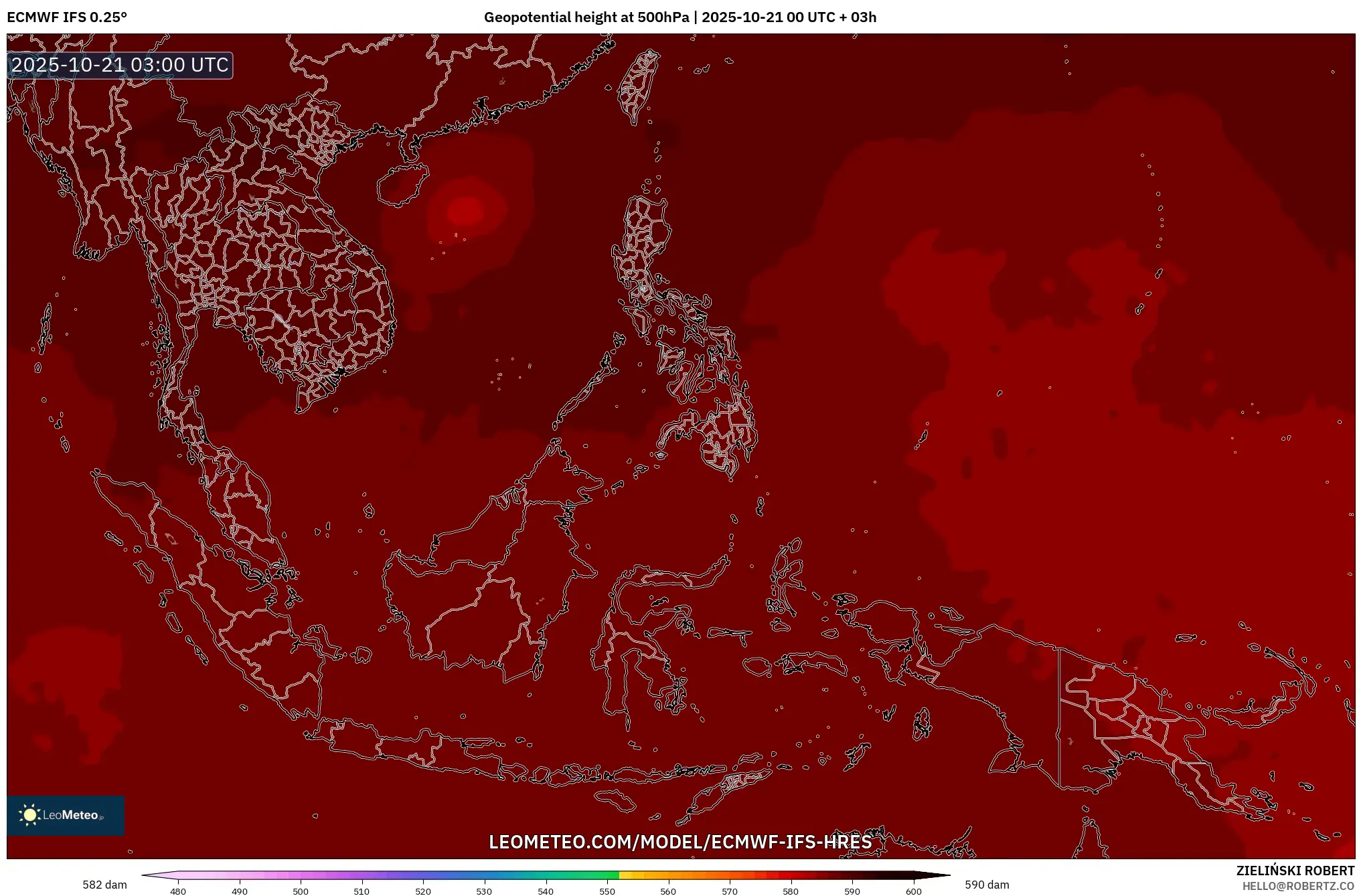 ECMWF IFS 0.25° model - South East Asia, Geopotential height at 500hPa ECMWF IFS 0.25° model - South East Asia, Geopotential height at 500hPa