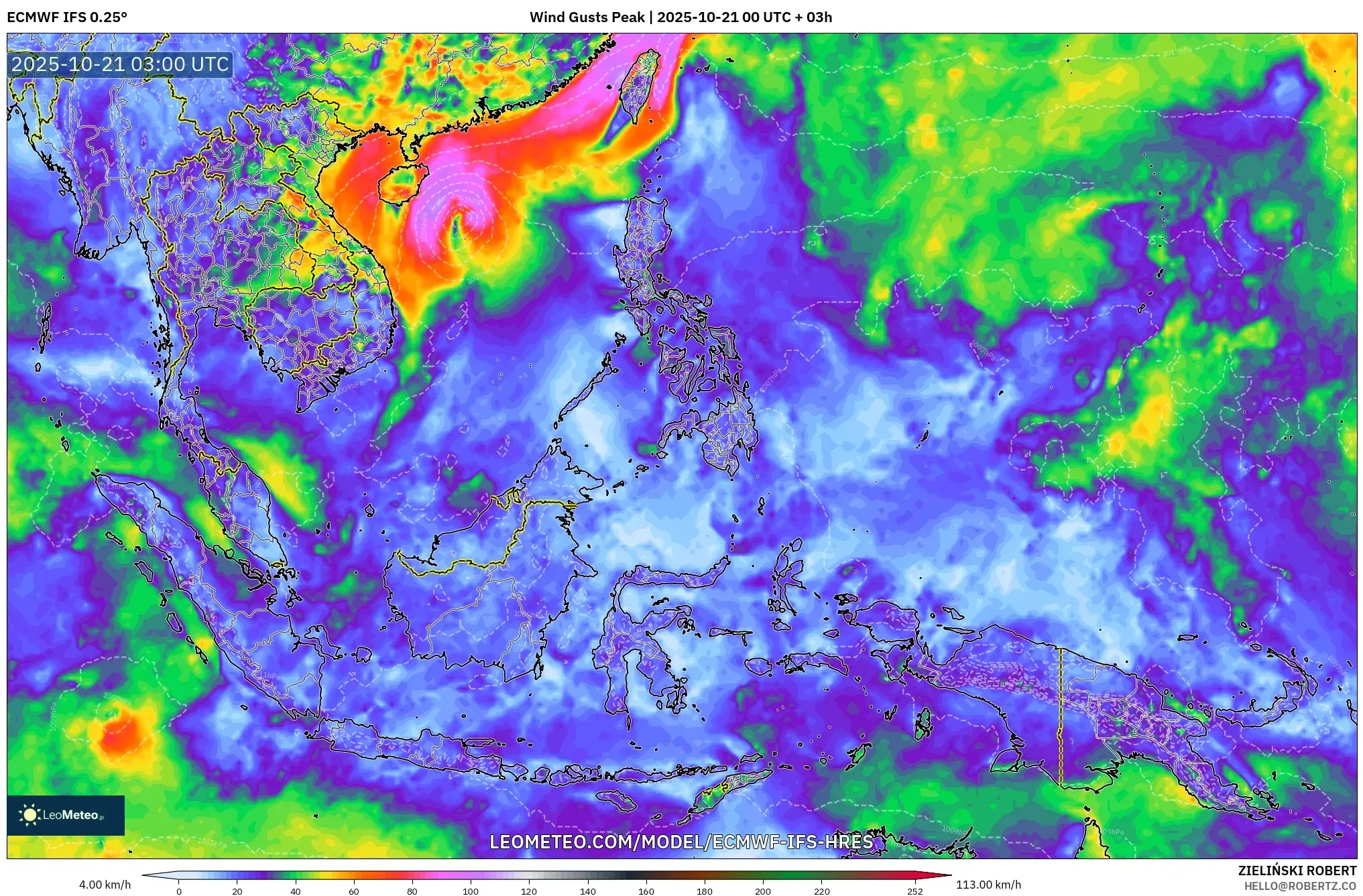 ECMWF IFS 0.25° model - South East Asia, Wind Gusts Peak ECMWF IFS 0.25° model - South East Asia, Wind Gusts Peak