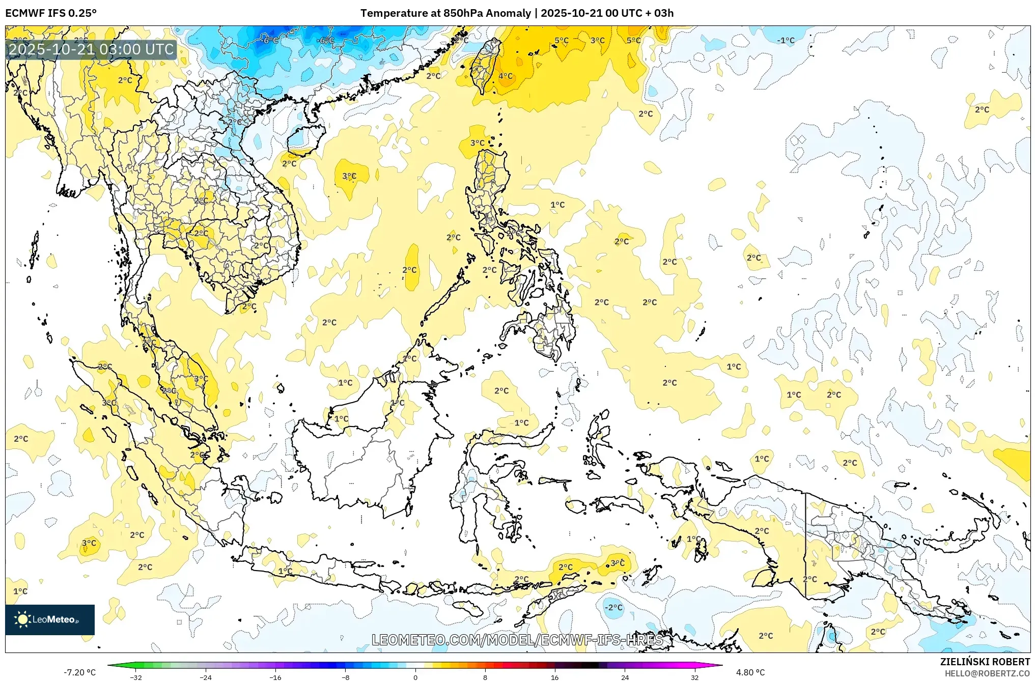 ECMWF IFS 0.25° model - South East Asia, Temperature at 850hPa Anomaly ECMWF IFS 0.25° model - South East Asia, Temperature at 850hPa Anomaly