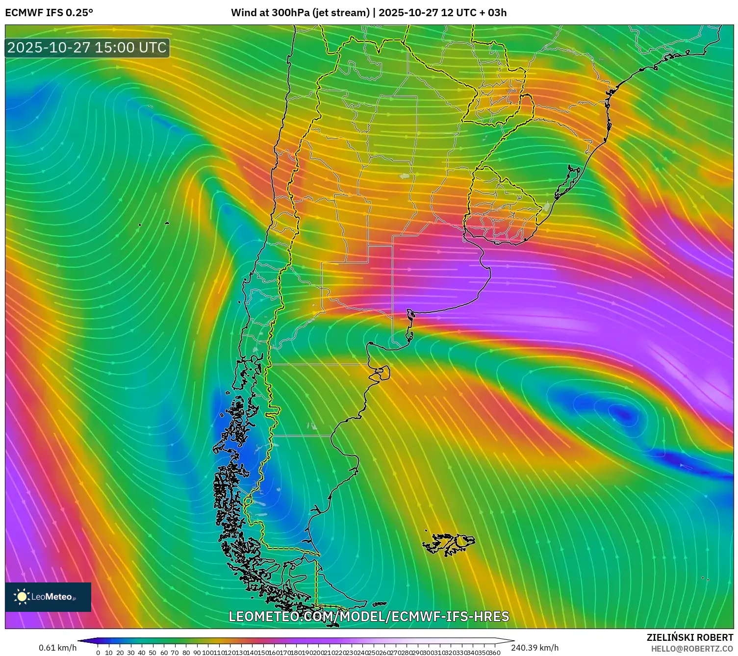 ECMWF IFS 0.25° model - Argentina, Wind at 300hPa (jet stream) ECMWF IFS 0.25° model - Argentina, Wind at 300hPa (jet stream)