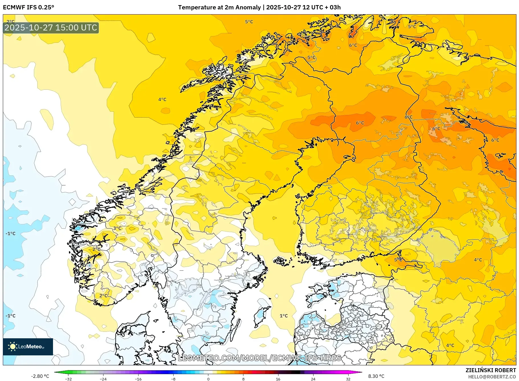 ECMWF IFS 0.25° model - Scandinavia, Temperature at 2m Anomaly ECMWF IFS 0.25° model - Scandinavia, Temperature at 2m Anomaly
