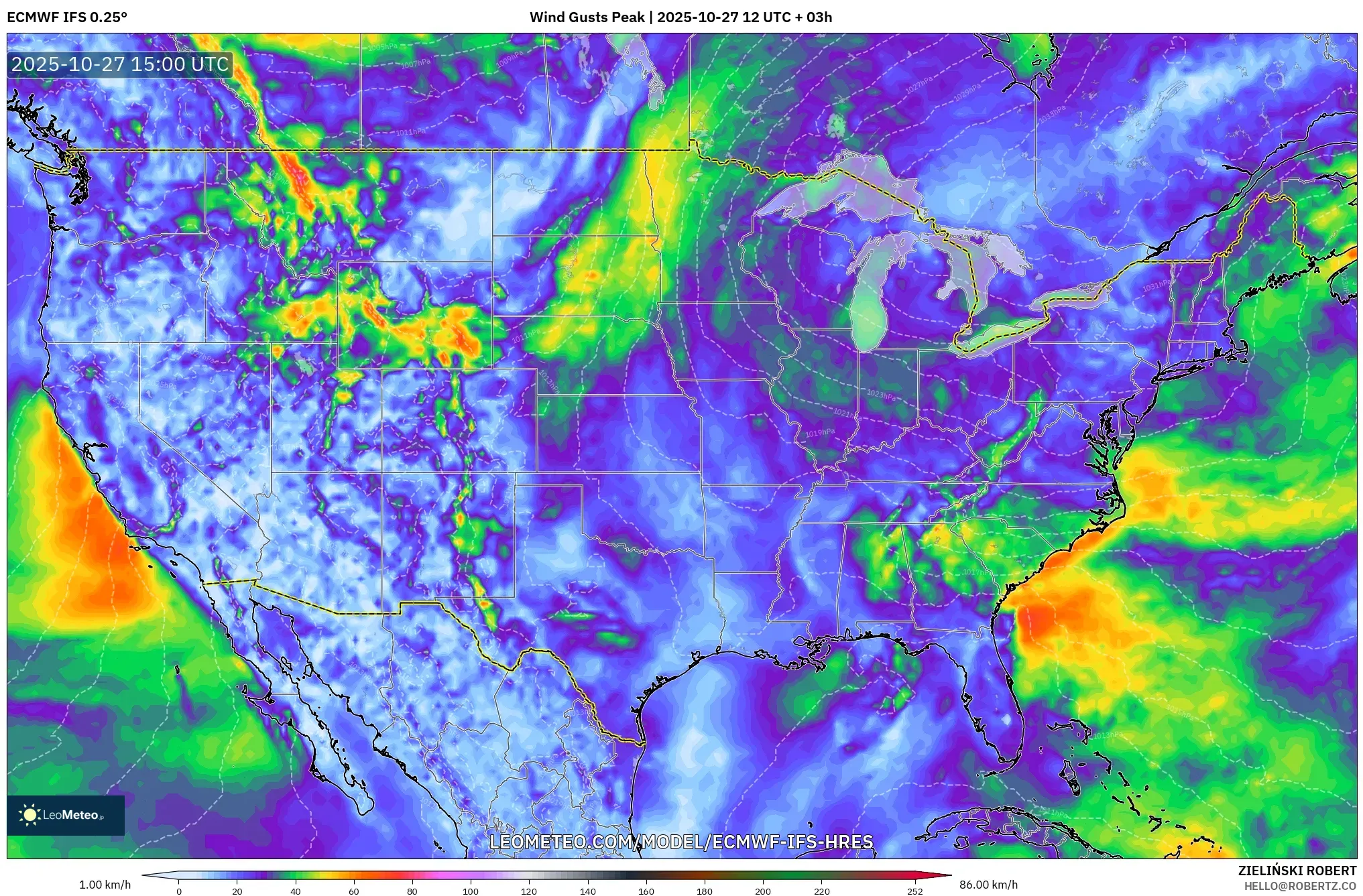 ECMWF IFS 0.25° model - United States, Wind Gusts Peak ECMWF IFS 0.25° model - United States, Wind Gusts Peak