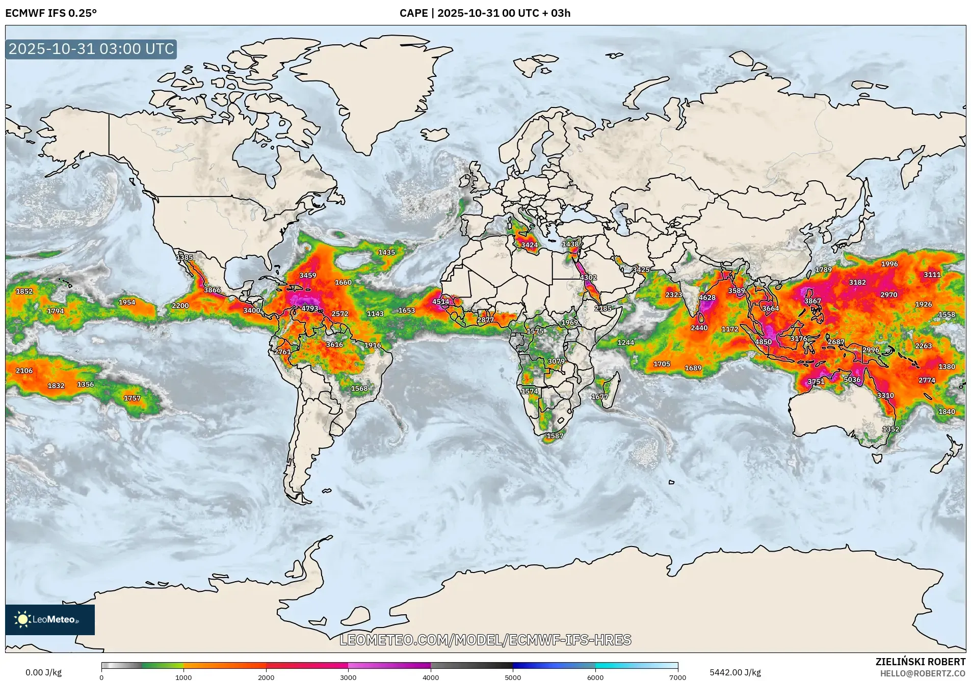 ECMWF IFS 0.25° model - World, CAPE ECMWF IFS 0.25° model - World, CAPE
