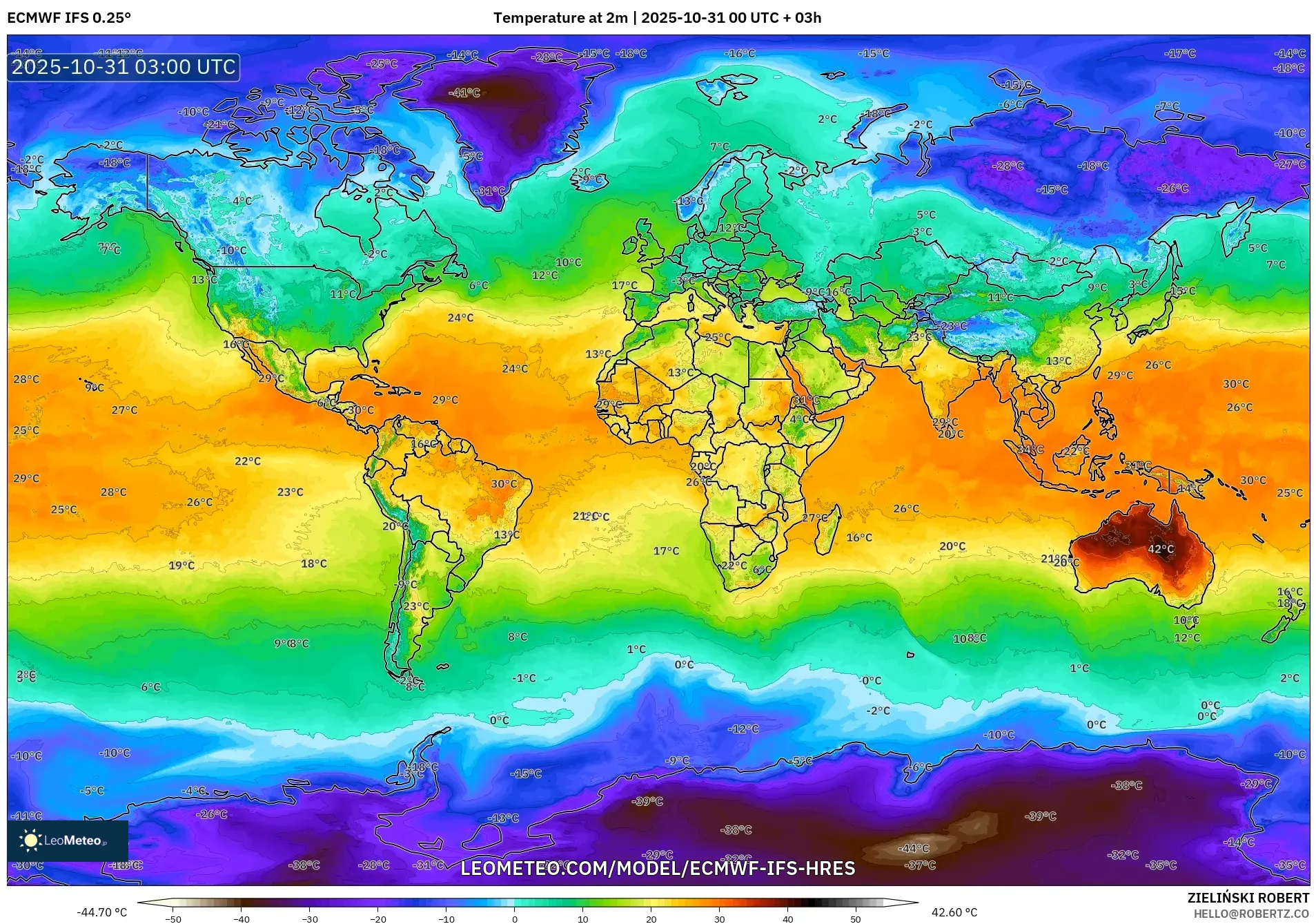 ECMWF IFS 0.25° model - World, Temperature at 2m ECMWF IFS 0.25° model - World, Temperature at 2m