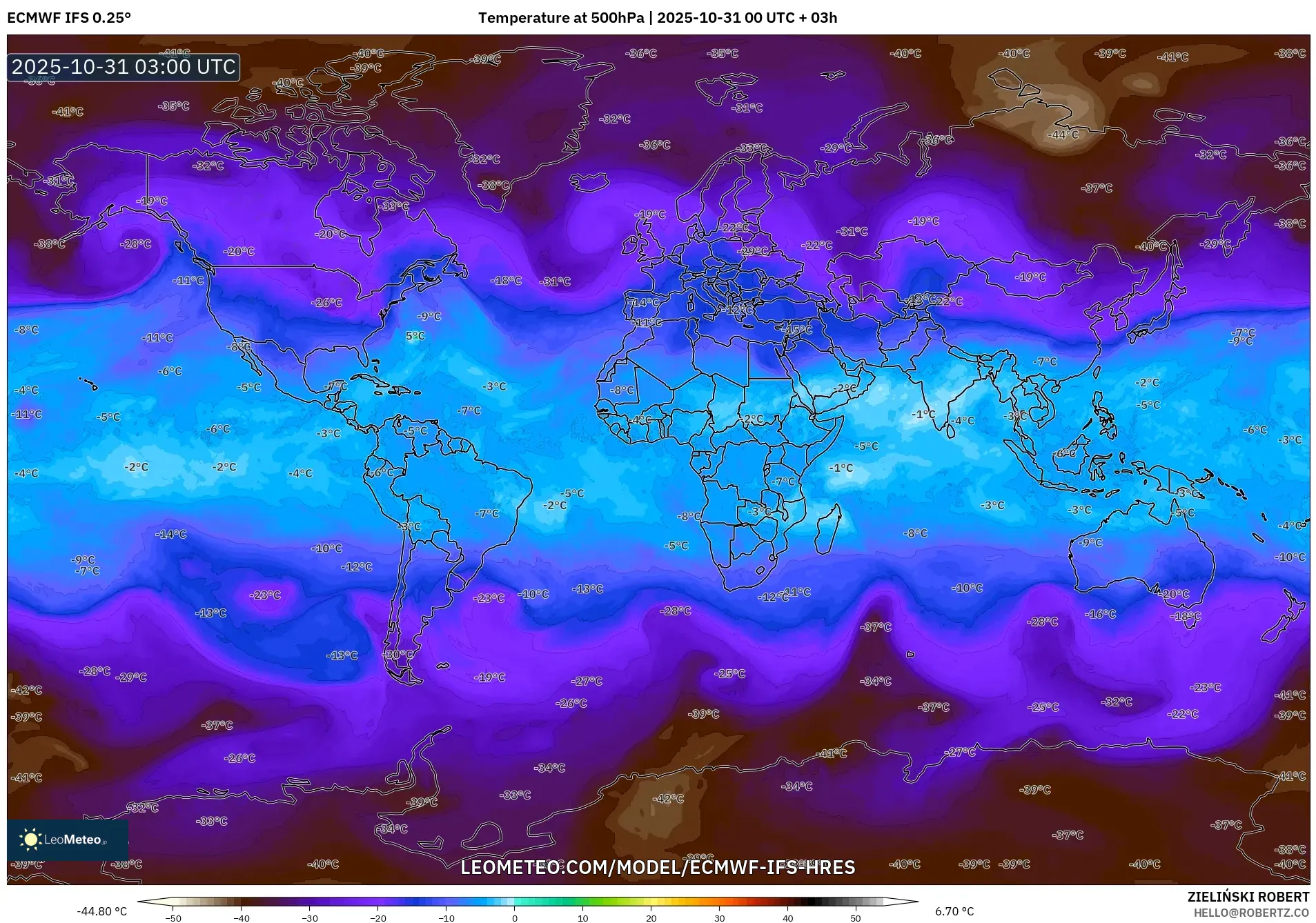 ECMWF IFS 0.25° model - World, Temperature at 500hPa ECMWF IFS 0.25° model - World, Temperature at 500hPa